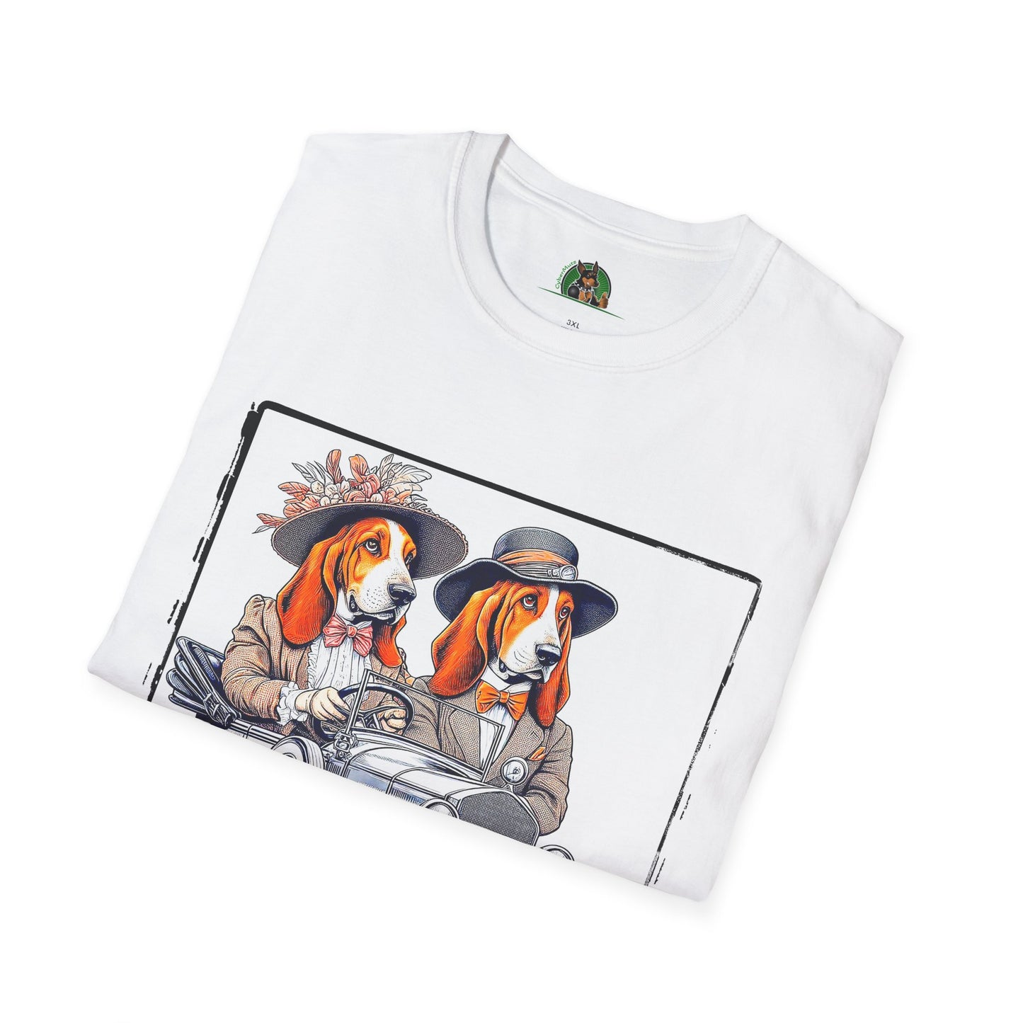 Wacky Basset Hound Couple Riding In Old Car T-Shirt Printify