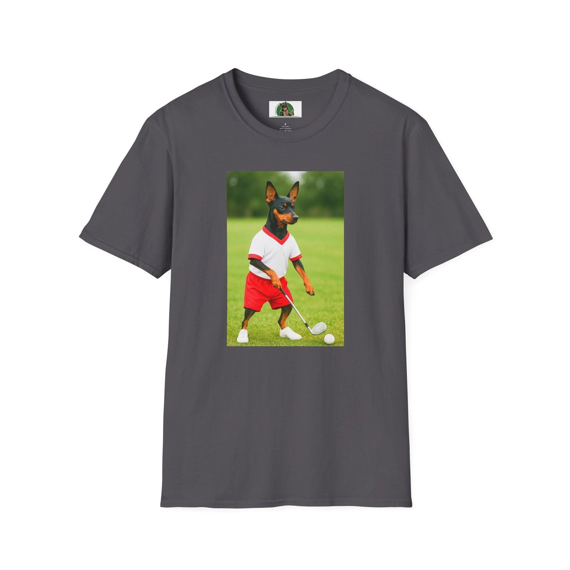 Miniature Pinscher 'Min Pin Golf Tee' T-Shirt — Sports Dog Lover Golf Shirt T-Shirt Printify Charcoal S