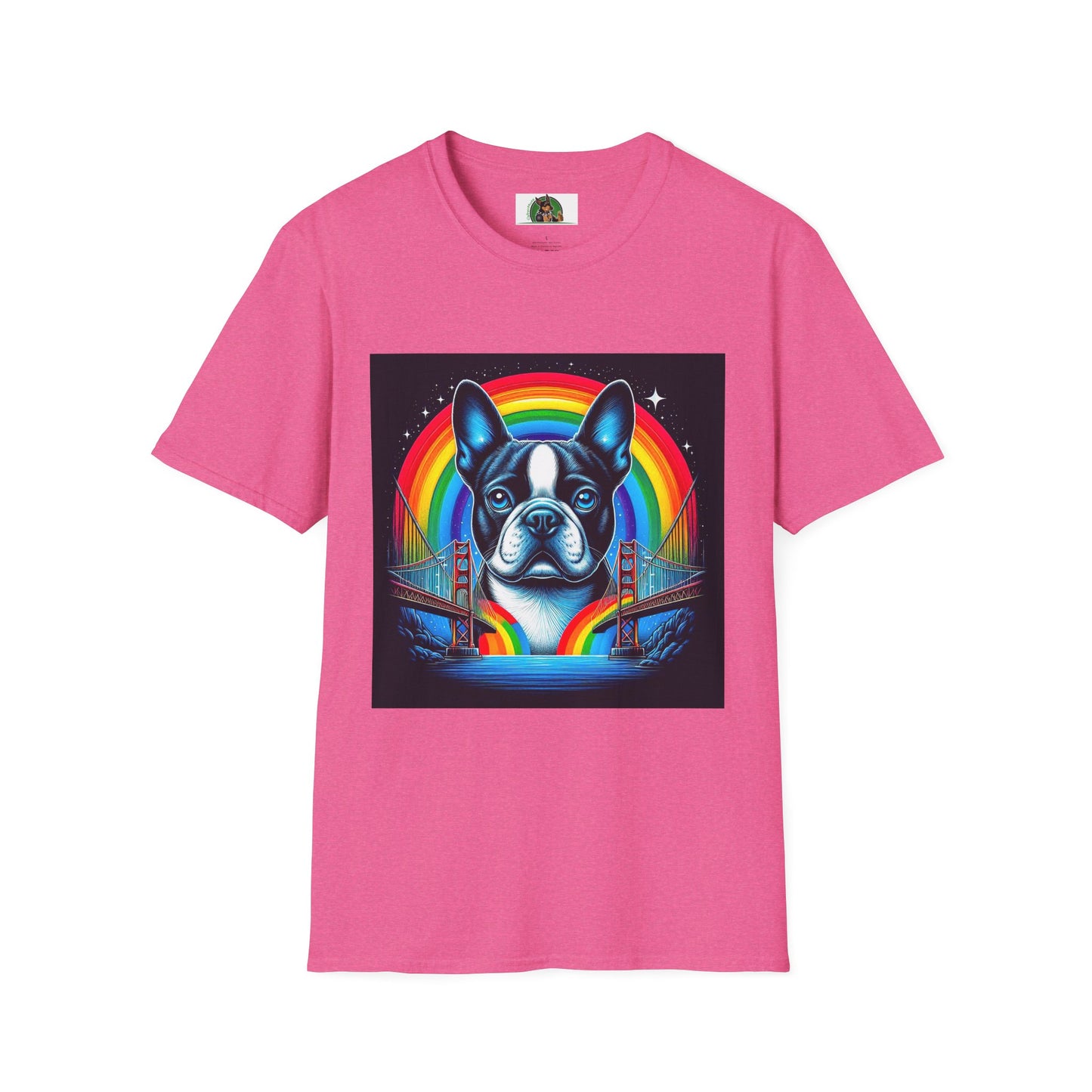 Boston Terrier Dog Overlooking Rainbow Bridge T-Shirt Printify S Heather Heliconia 