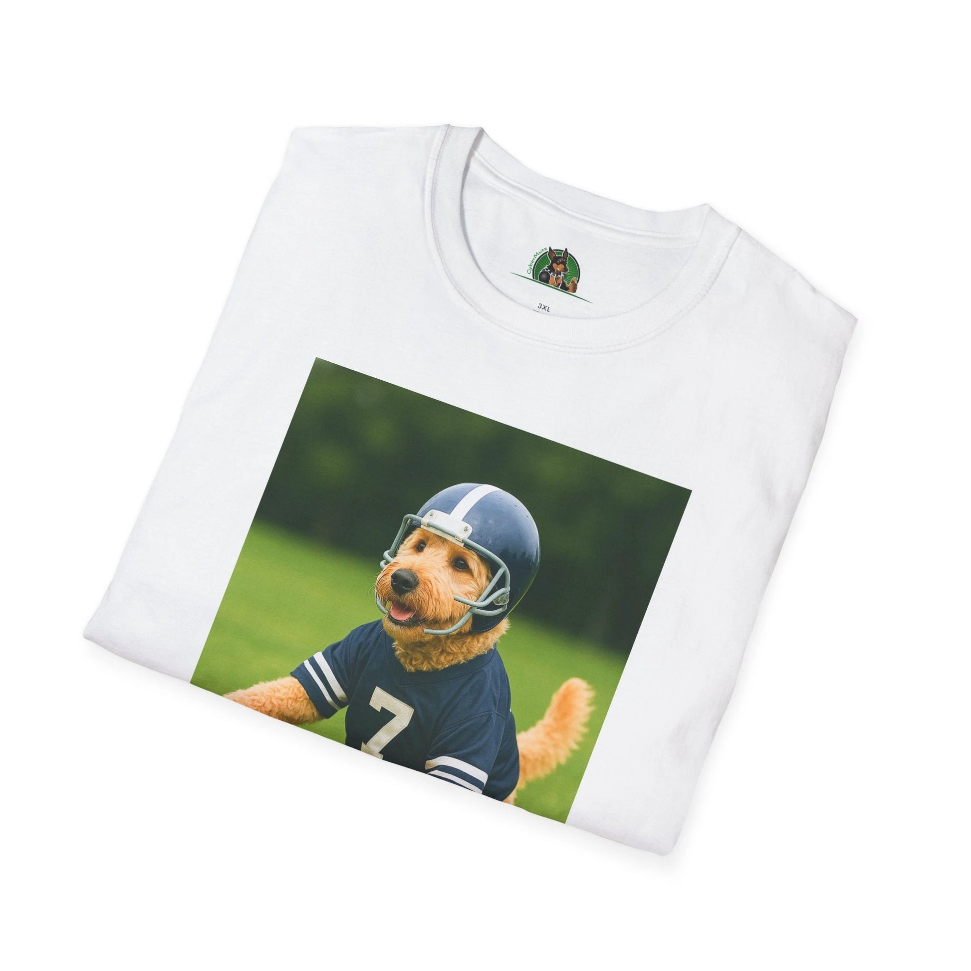 Golden Doodle Playing Football T-Shirt — Sports Dog Lover Tee T-Shirt Printify