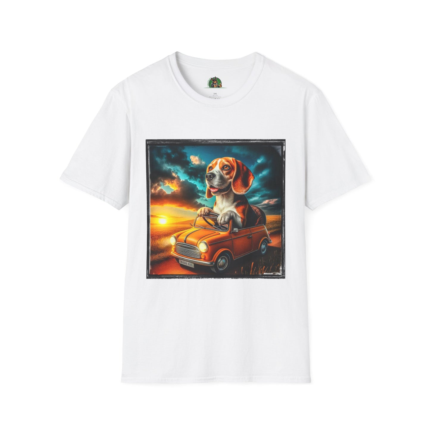 Wacky Beagle Driving Tiny Car In Sunset T-Shirt Printify XS White 