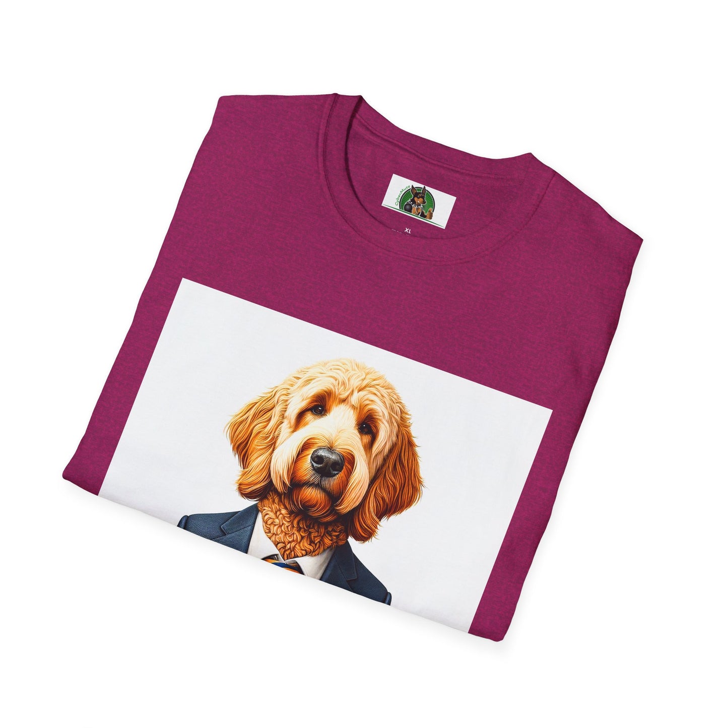 Golden Doodle sitting businessman