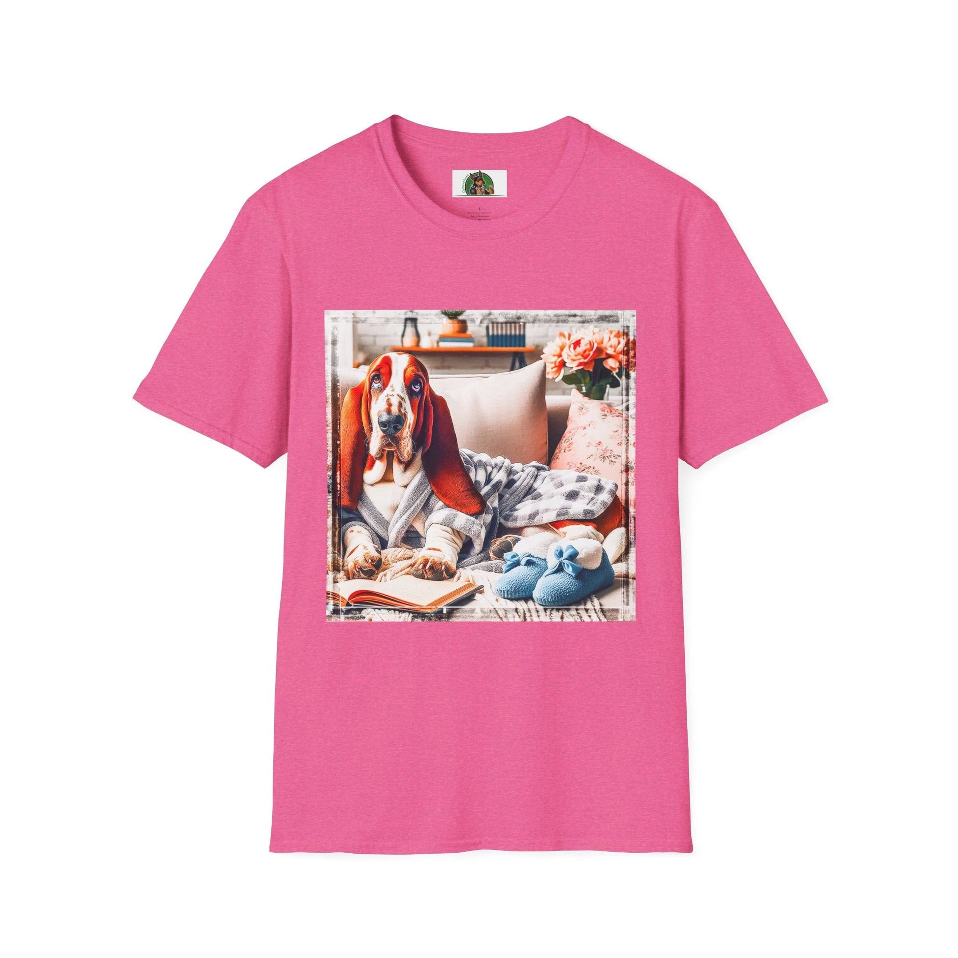 Basset Hound In PJs Reading T Shirt For Dog Lovers Adorable Cozy Pajama Inspired Design Gift T-Shirt Printify S Heather Heliconia