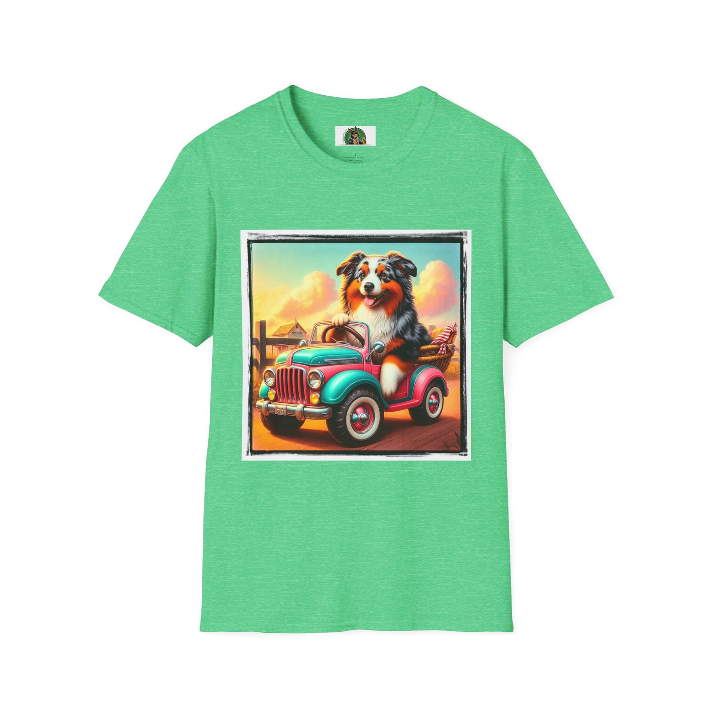 Wacky Australian Shepherd Dog In Mini Truck T-Shirt Printify S Heather Irish Green