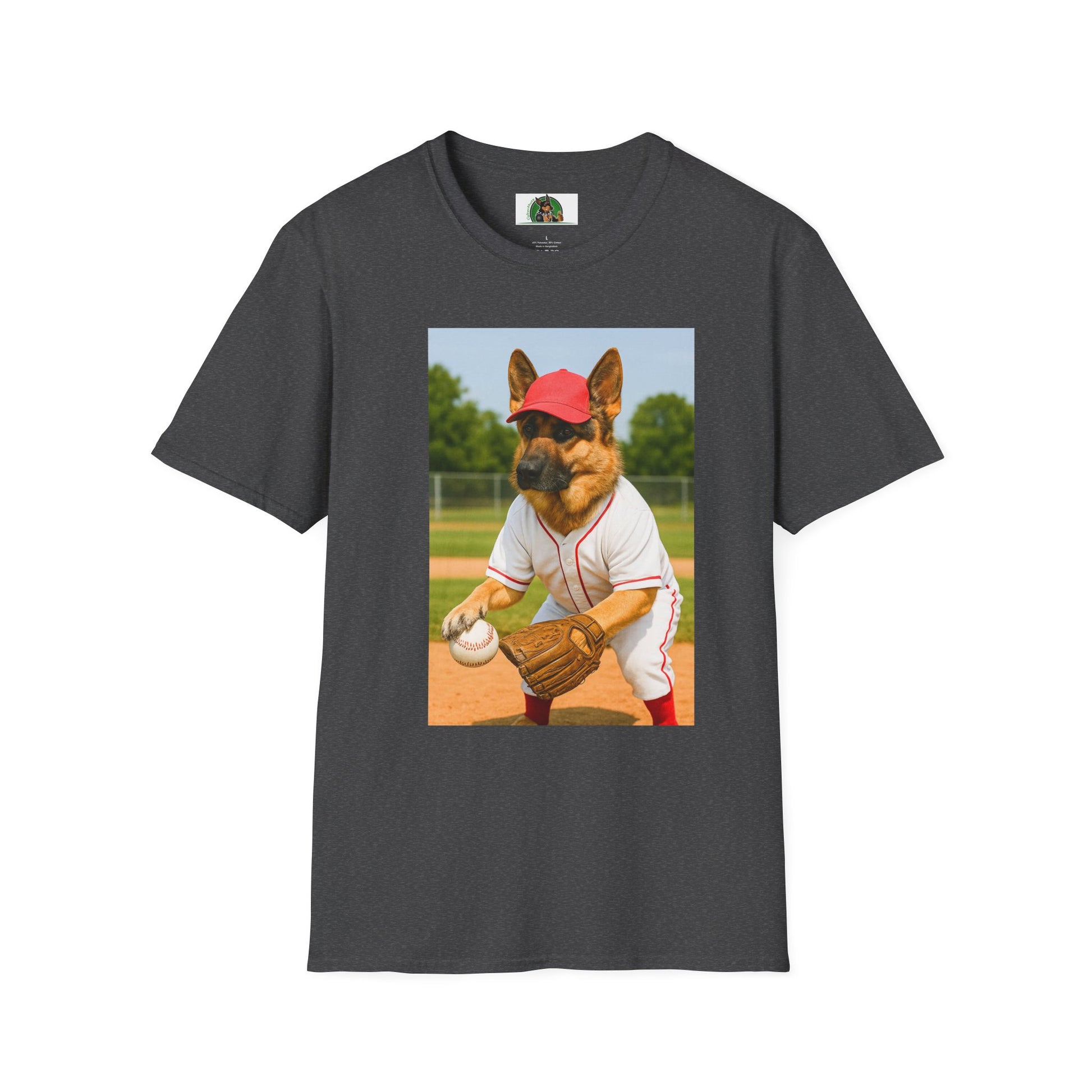 German Shepherd Playing Baseball T-Shirt — Sports Dog Tee T-Shirt Printify Dark Heather XS