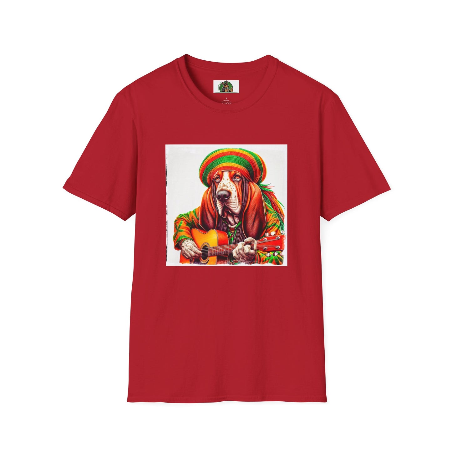 Basset Hound Rasta Dog Playing Guitar T-Shirt Printify S Cherry Red