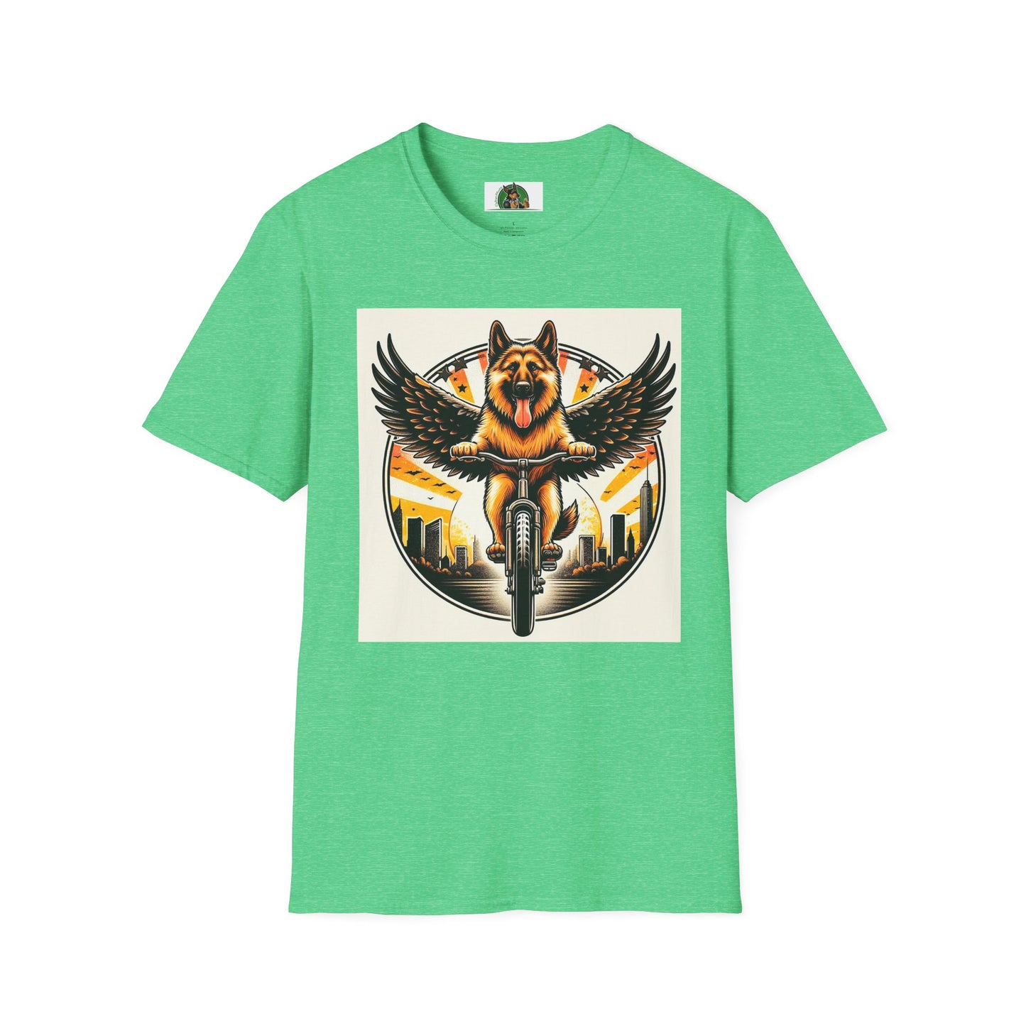 German Shepherd Angel bike riding T-Shirt Printify Heather Irish Green S