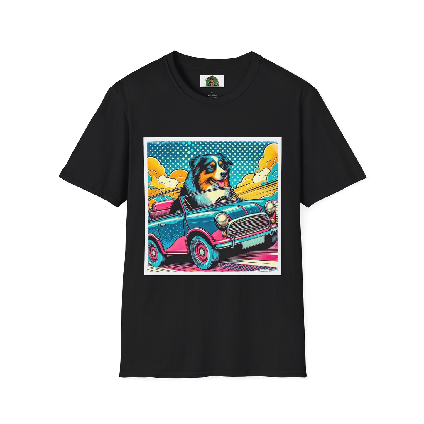 Wacky Australian Shepherd Dog In Colorful Car T-Shirt Printify XS Black