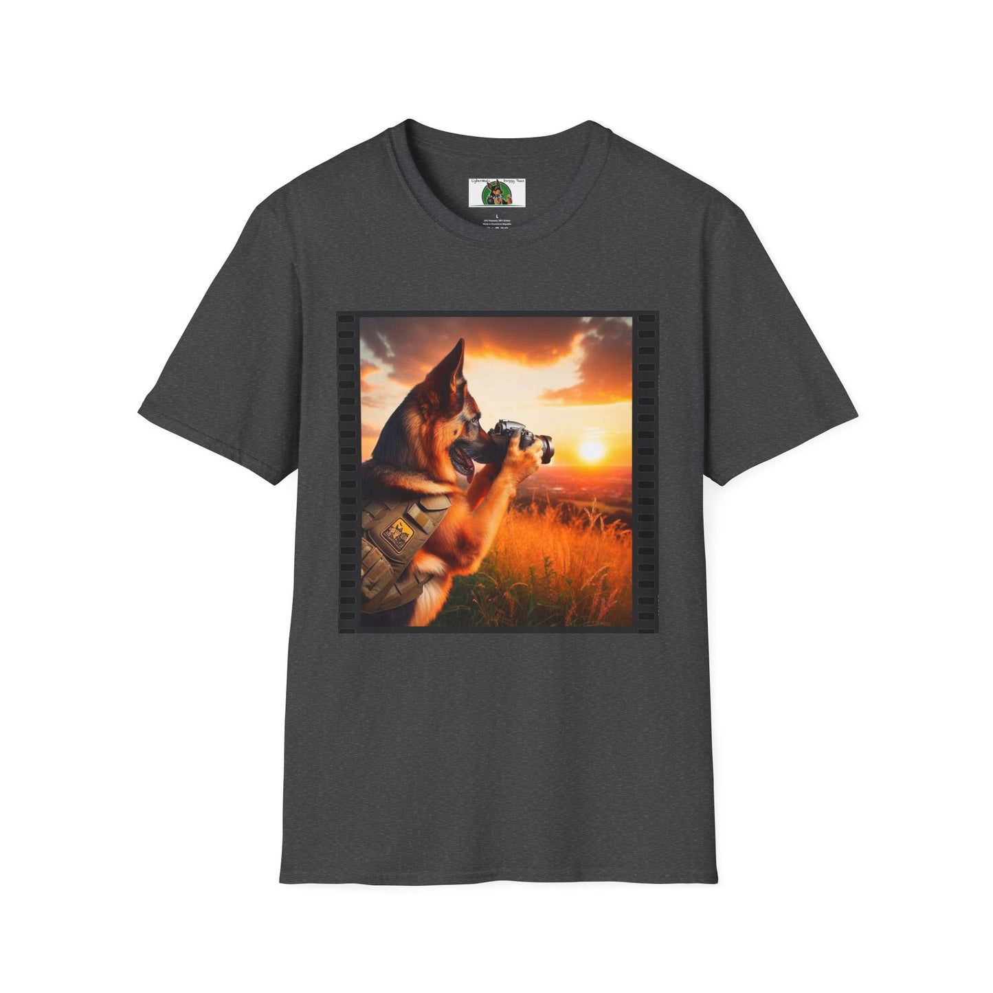 German Shepherd Dog "Photog Dawg!" Unisex Softstyle T-Shirt T-Shirt Printify S Dark Heather 