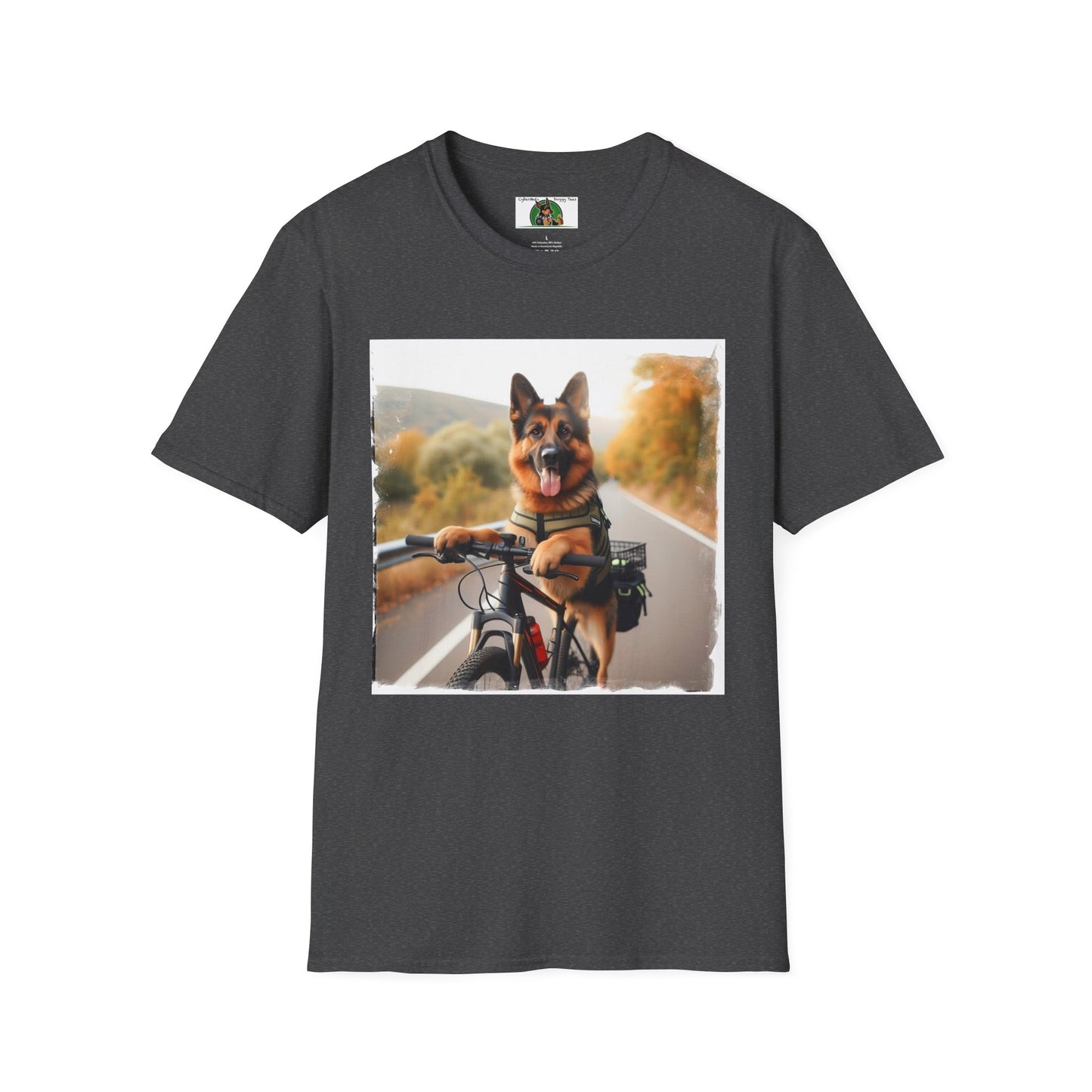 German Shepherd Dog Road Biking! Unisex Softstyle T-Shirt T-Shirt Printify S Dark Heather 