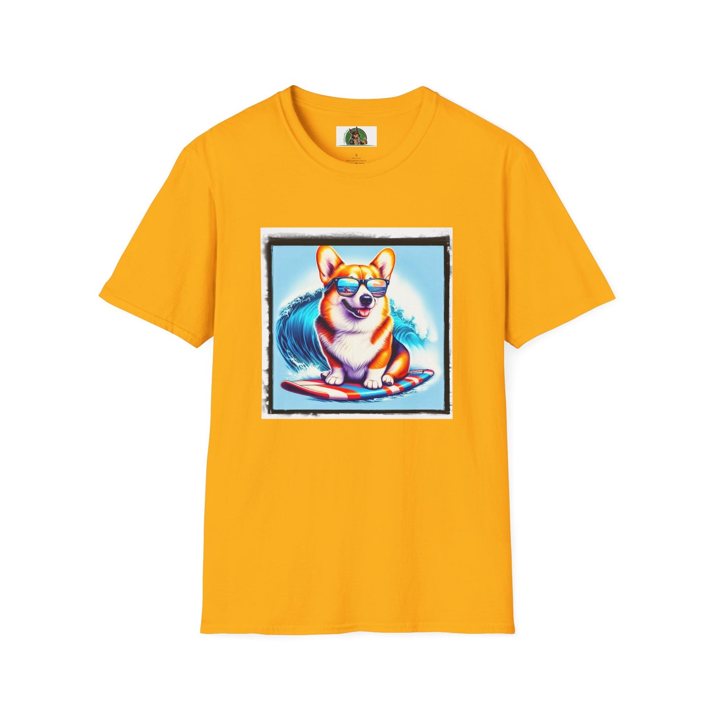 Pembroke Welsh Corgi surfing waves shirt T-Shirt Printify S Gold