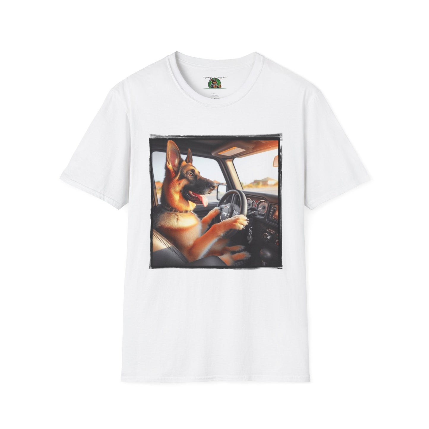 German Shepherd Dog Off-Roader Unisex Softstyle T-Shirt T-Shirt Printify S White