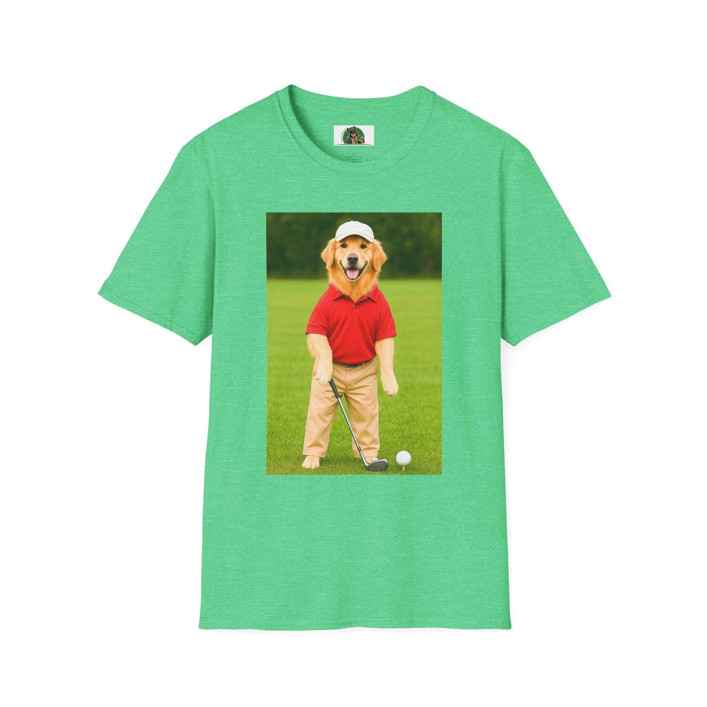 Golden Retriever Playing Golf T-Shirt — Funny Dog Golfing Sports Tee T-Shirt Printify Heather Irish Green S