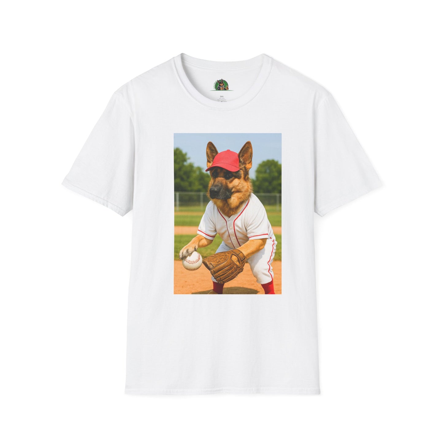German Shepherd Playing Baseball T-Shirt — Sports Dog Tee T-Shirt Printify White XS