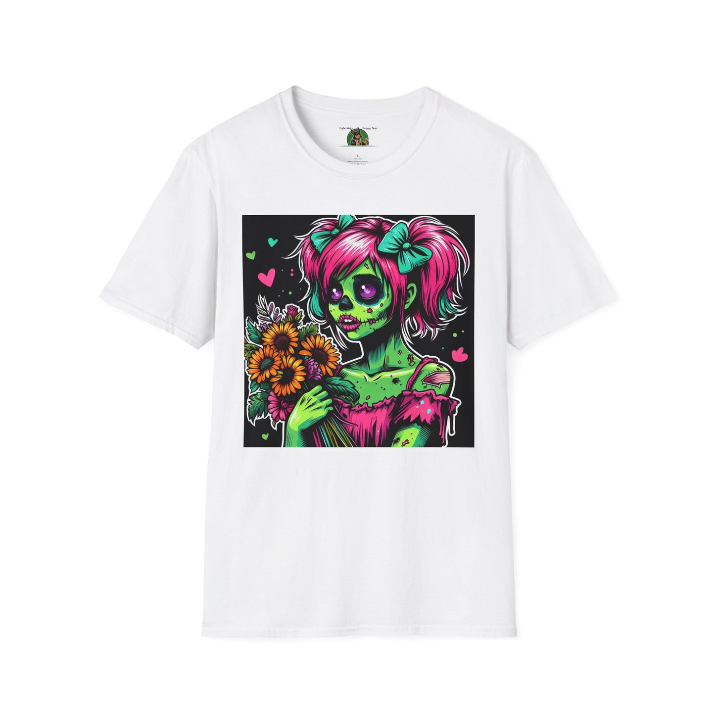 Zombie Pinup Girl with Flowers T-Shirt Printify White S 