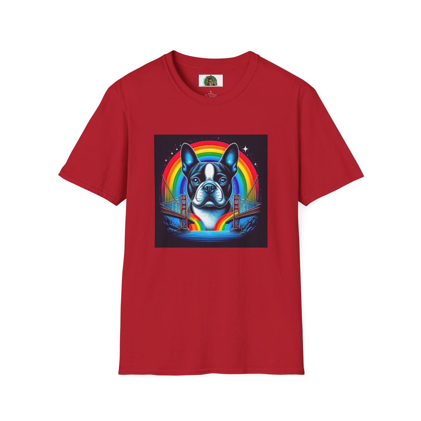 Boston Terrier Dog Overlooking Rainbow Bridge T-Shirt Printify S Cherry Red 