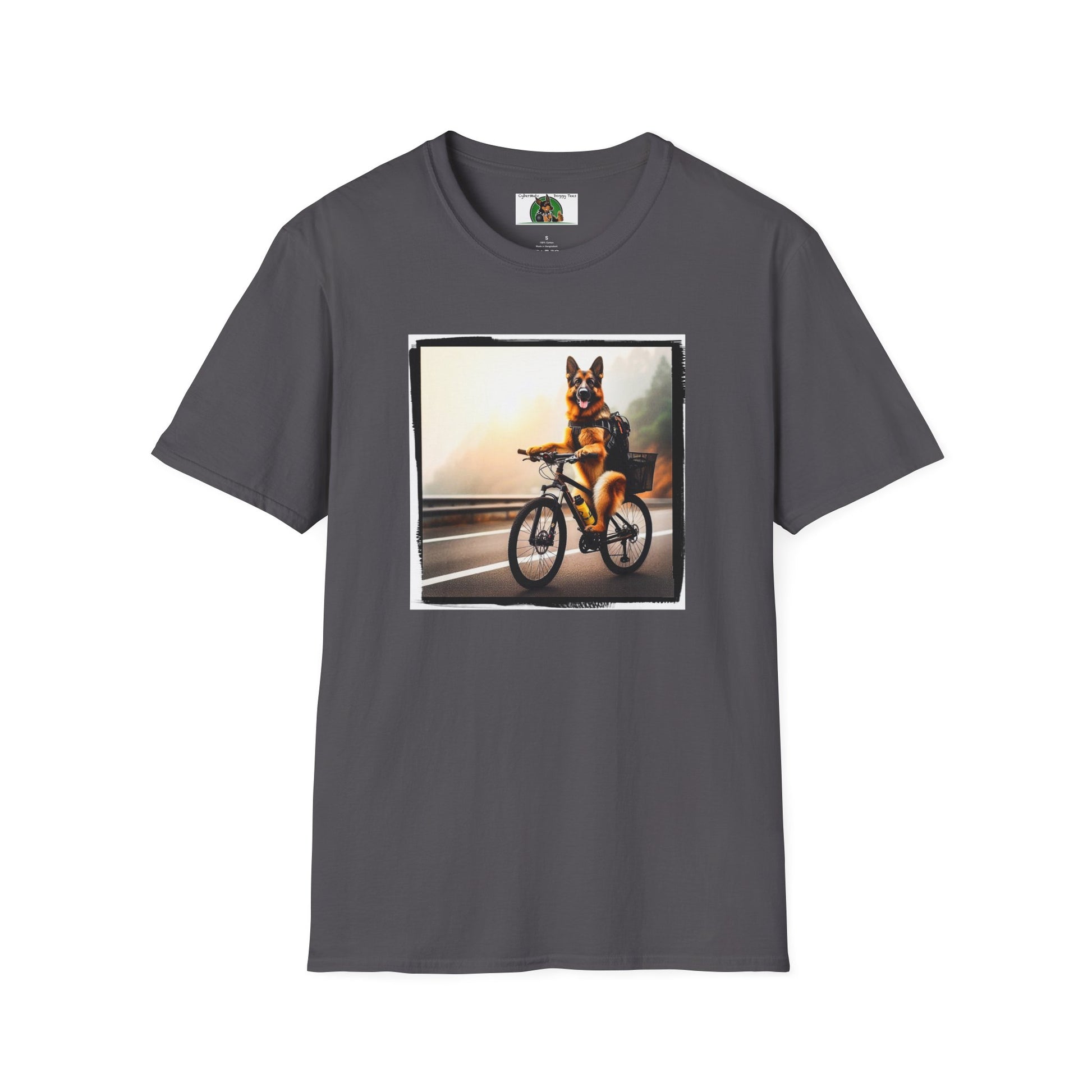 Road Bike German Shepherd Unisex Softstyle T-Shirt T-Shirt Printify S Charcoal