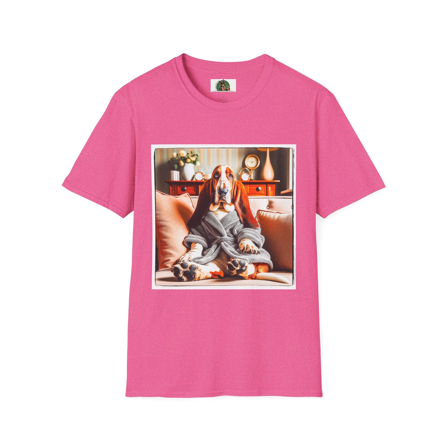 Basset Hound In Bath Robe Sitting On Couch T-Shirt Printify S Heather Heliconia