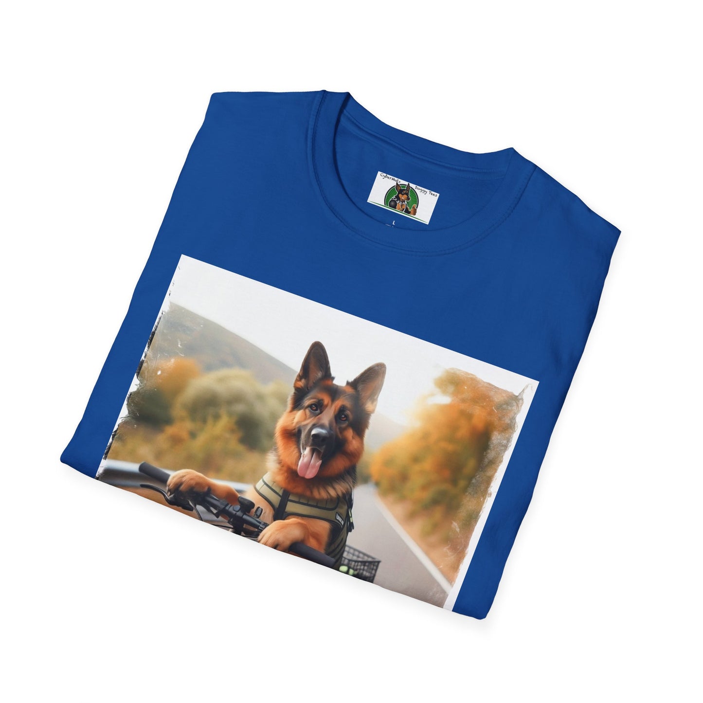 German Shepherd Dog Road Biking! Unisex Softstyle T-Shirt T-Shirt Printify