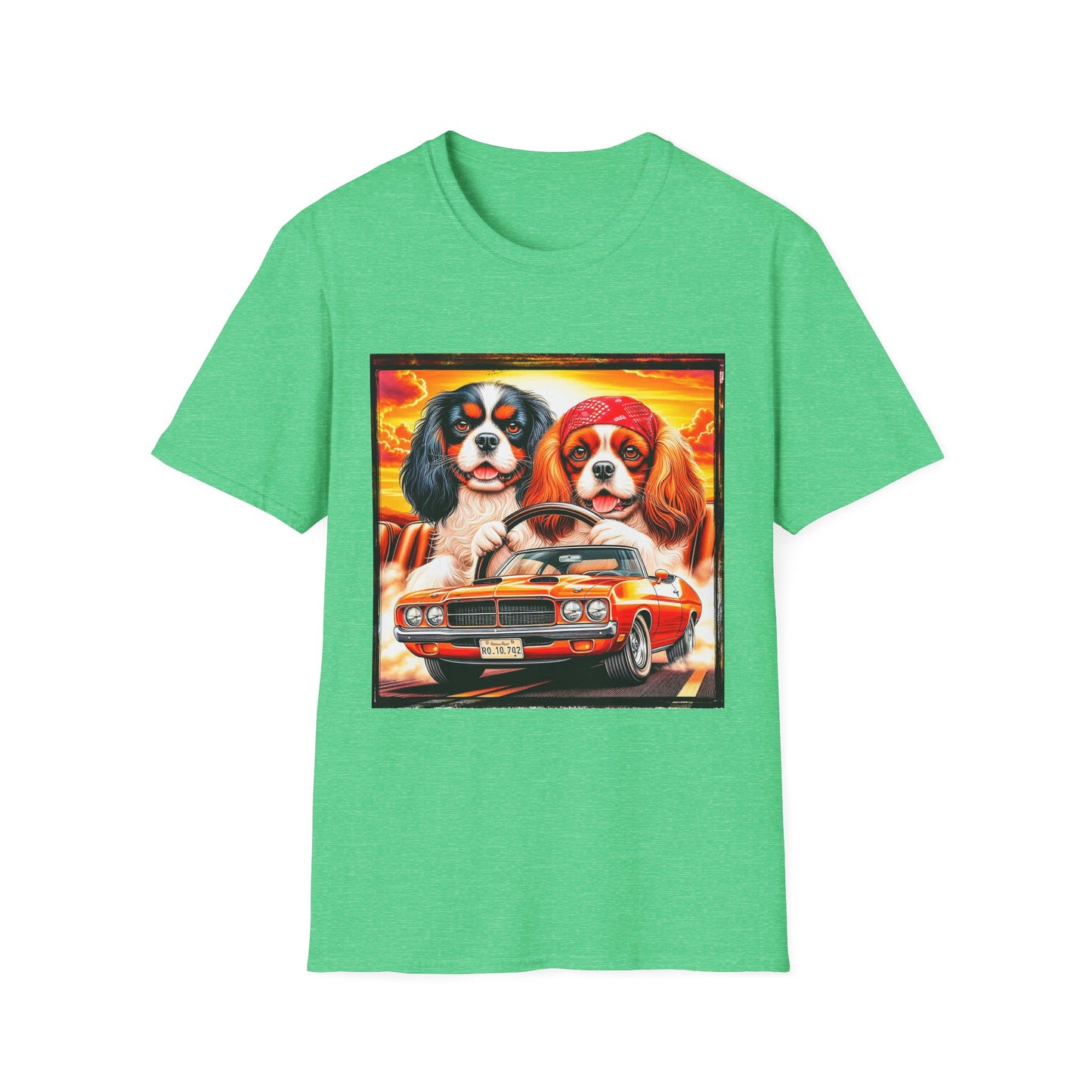 Cavalier King Charles Spaniel Hippie Couple Dogs In Car TShirt T-Shirt Printify S Heather Irish Green