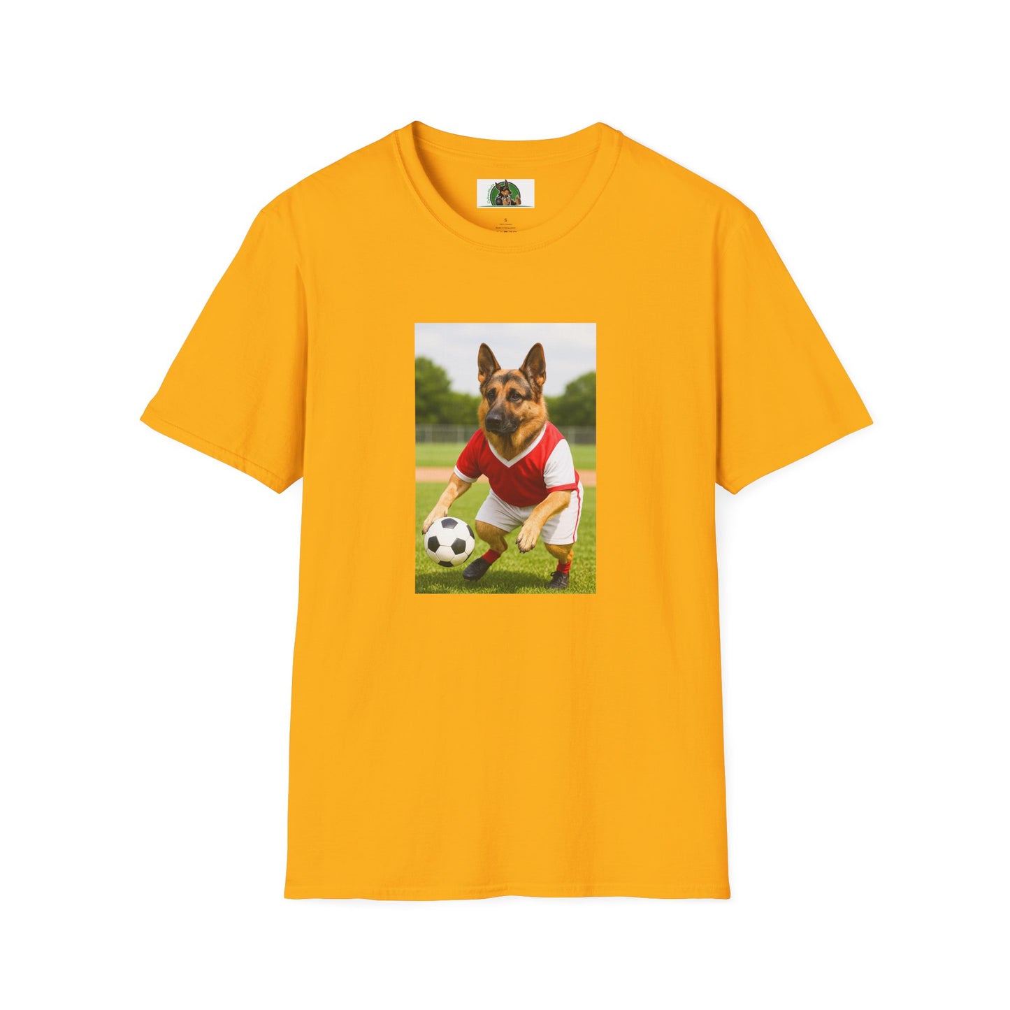 German Shepherd Soccer T-Shirt — Sports Dog Playing Soccer T-Shirt Printify Gold S