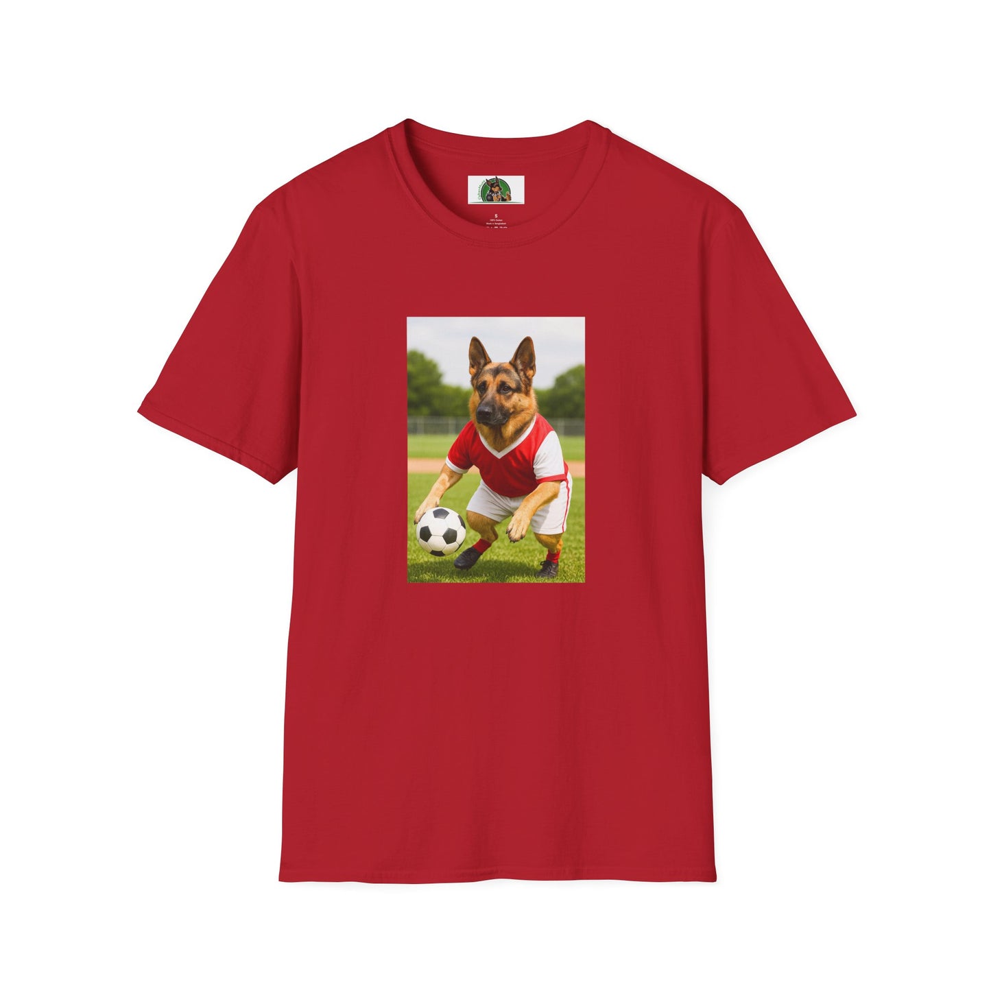 German Shepherd Soccer T-Shirt — Sports Dog Playing Soccer T-Shirt Printify Cherry Red S