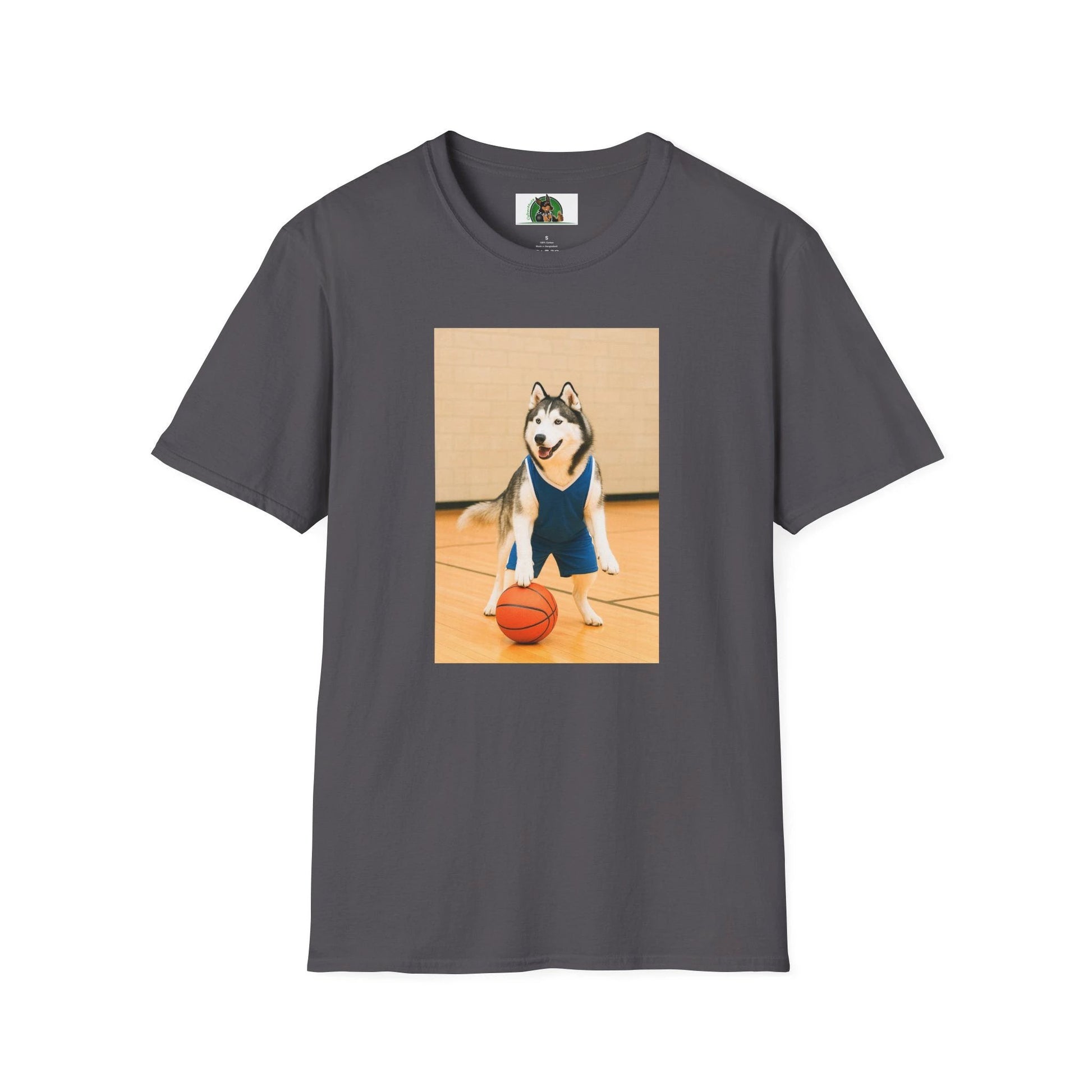 Husky Basketball T-Shirt — Sports Dog Tee T-Shirt Printify Charcoal S
