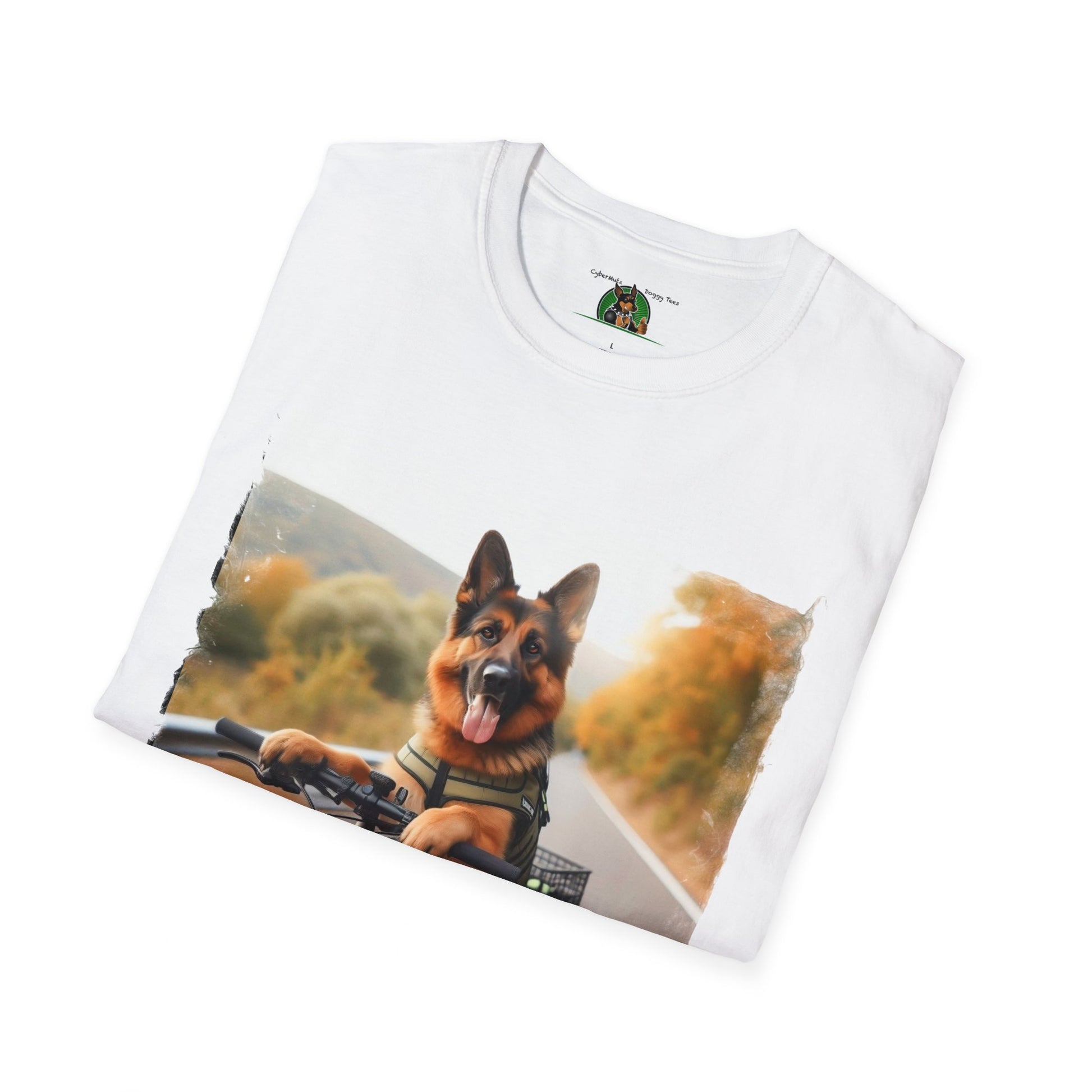 German Shepherd Dog Road Biking! Unisex Softstyle T-Shirt T-Shirt Printify   