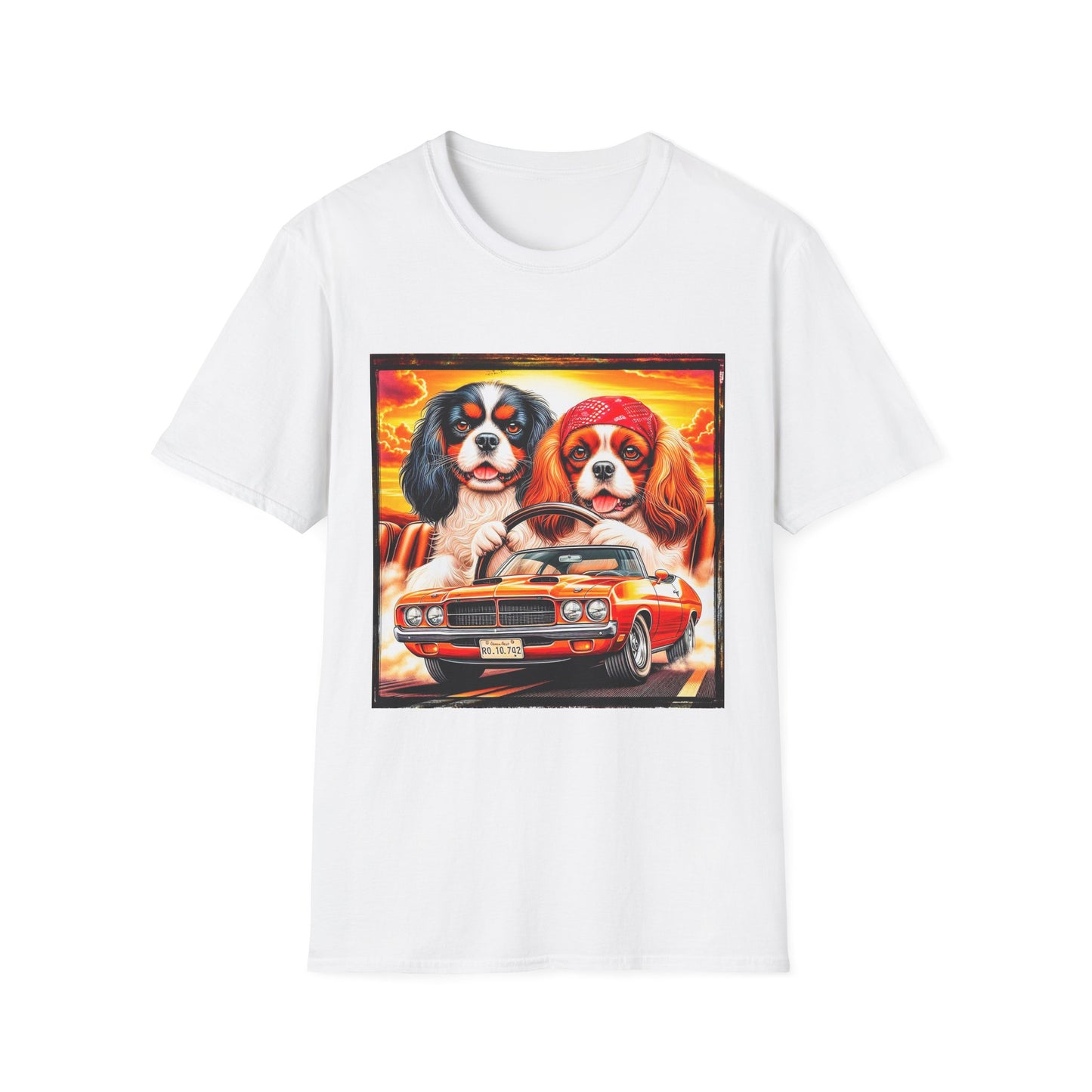 Cavalier King Charles Spaniel Hippie Couple Dogs In Car TShirt T-Shirt Printify XS White