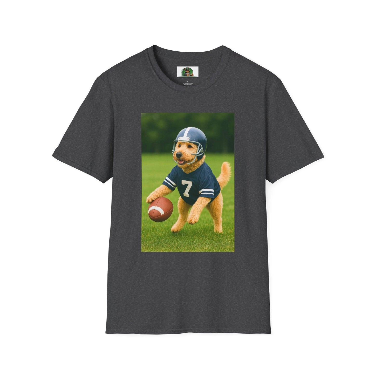 Golden Doodle Playing Football T-Shirt — Sports Dog Lover Tee T-Shirt Printify Dark Heather S