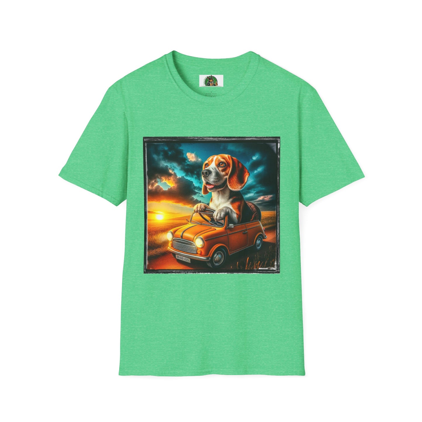 Wacky Beagle Driving Tiny Car In Sunset T-Shirt Printify S Heather Irish Green 