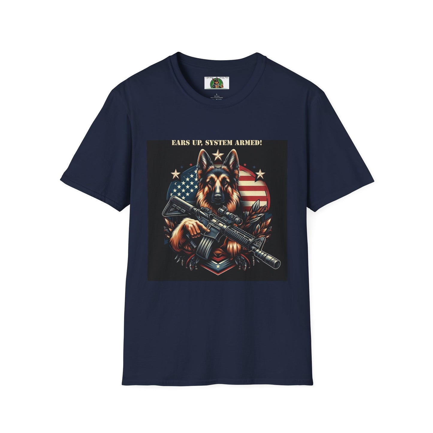 Mis·cel·la·ne·ous German Shepherd "Ears Up, System Armed" T-Shirt Printify S Navy 