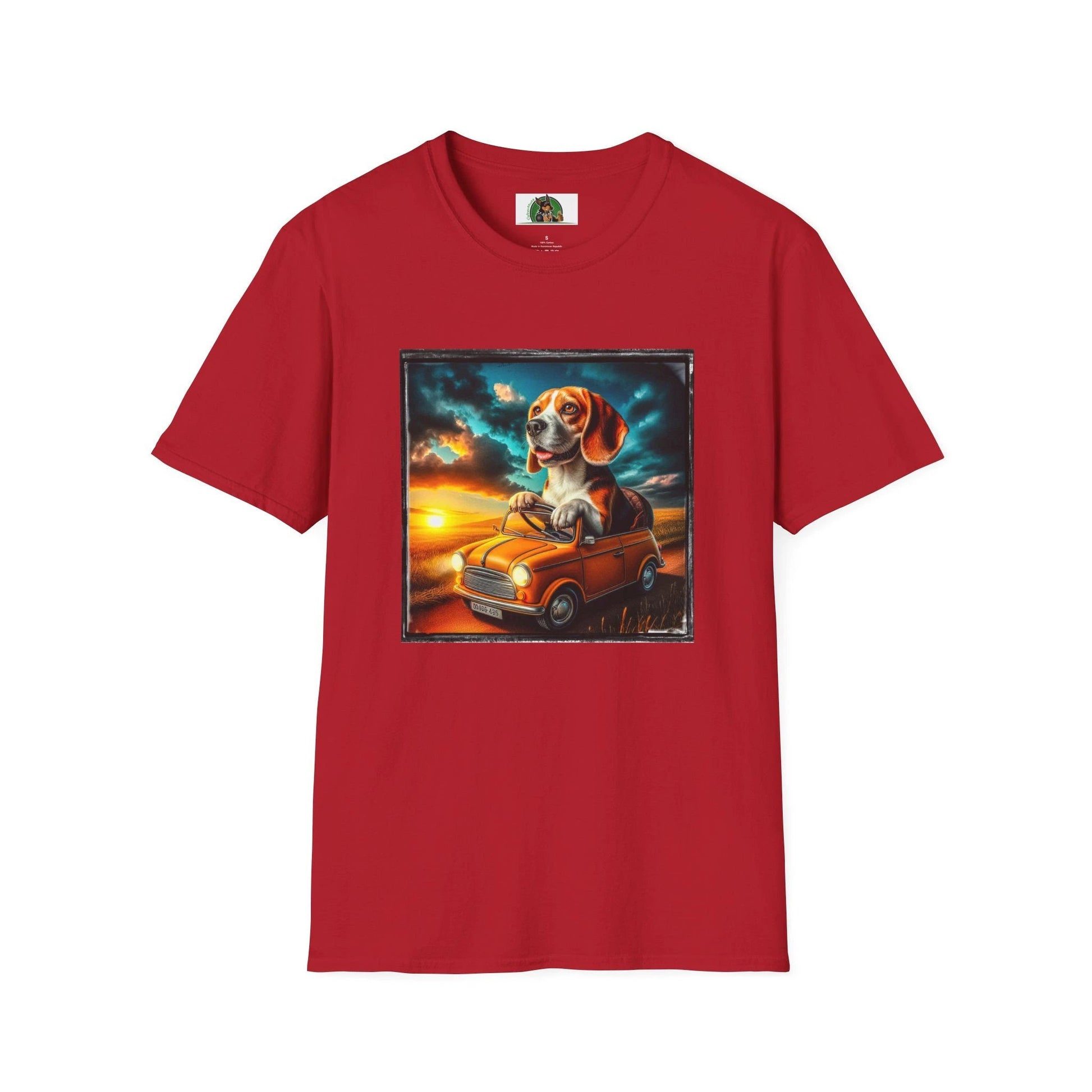 Wacky Beagle Driving Tiny Car At Sunset Humorous Cartoon Dog Gift For Beagle Lovers And Pet Fans T-Shirt Printify S Cherry Red