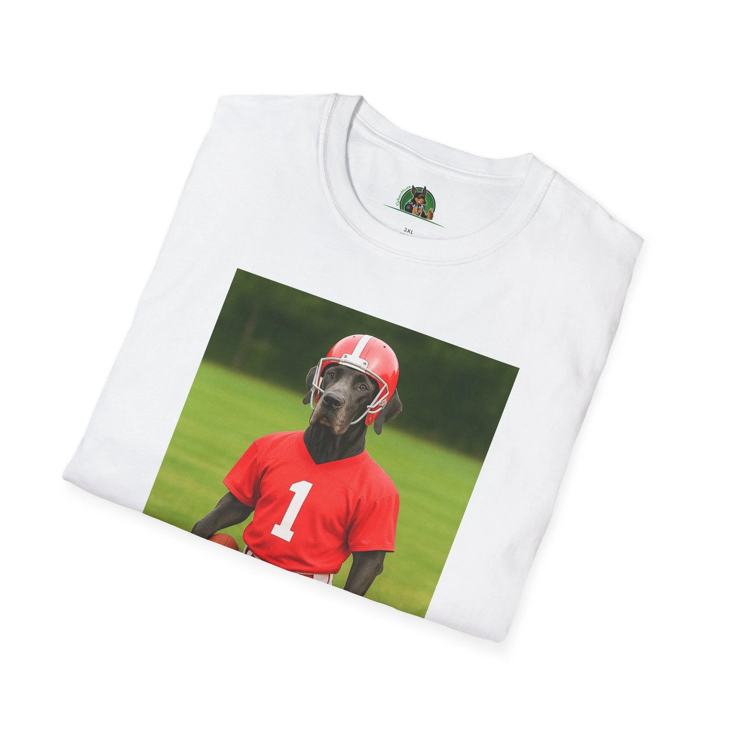 Great Dane Playing Football T-Shirt — Sports Dog Tee T-Shirt Printify