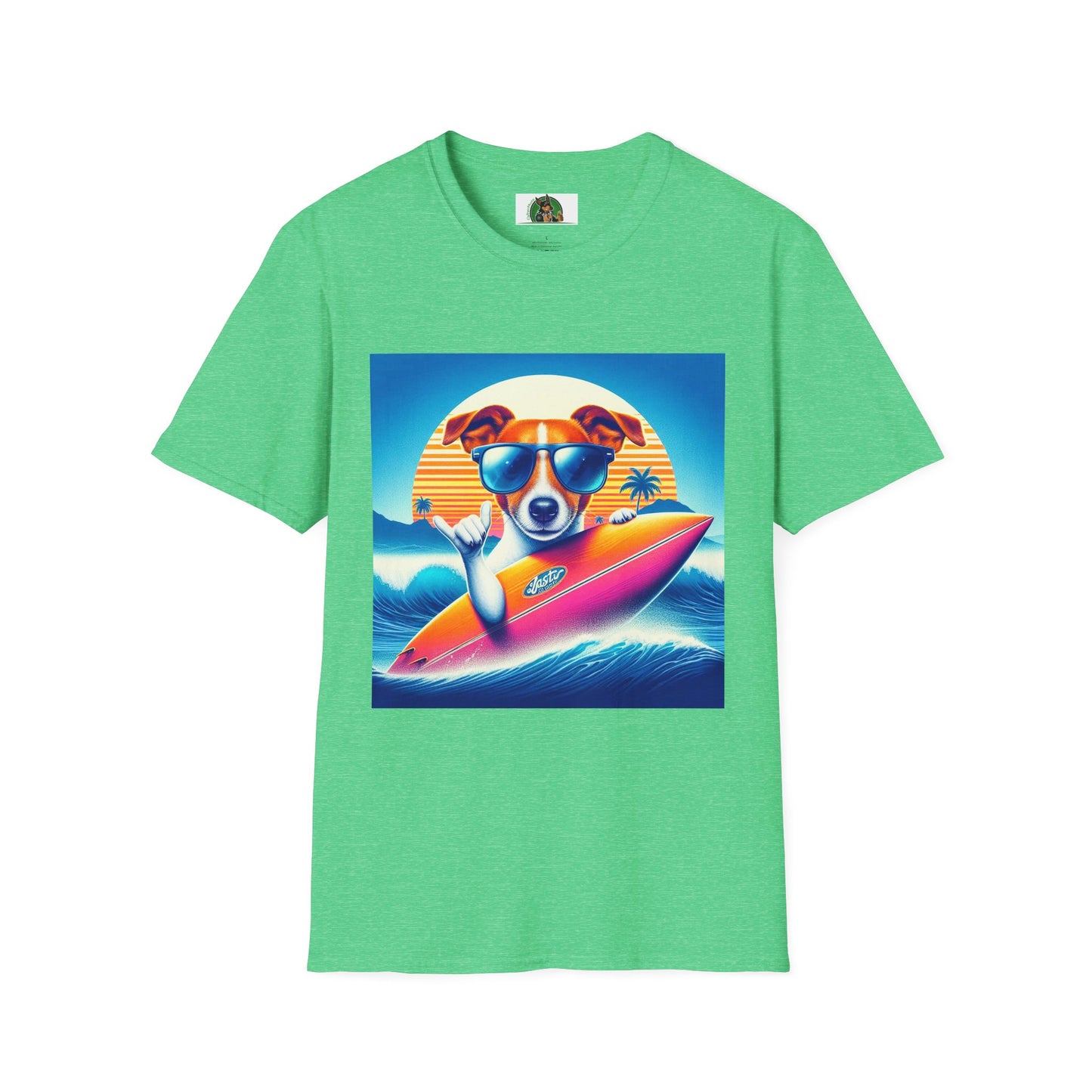 Jack Russell Surfer Dog T-Shirt Printify S Heather Irish Green 