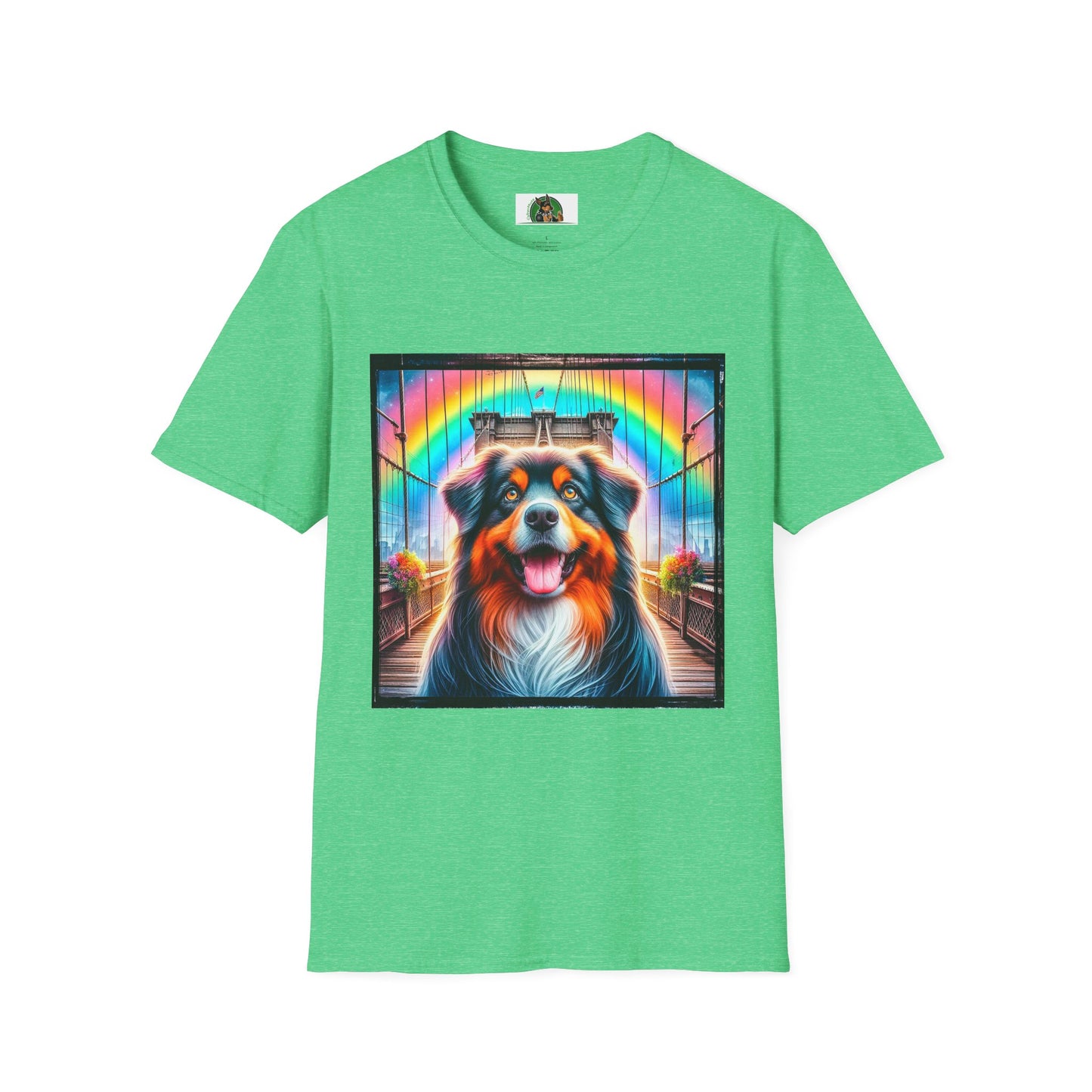 Australian Shepherd Bright Rainbow Bridge T-Shirt Printify S Heather Irish Green