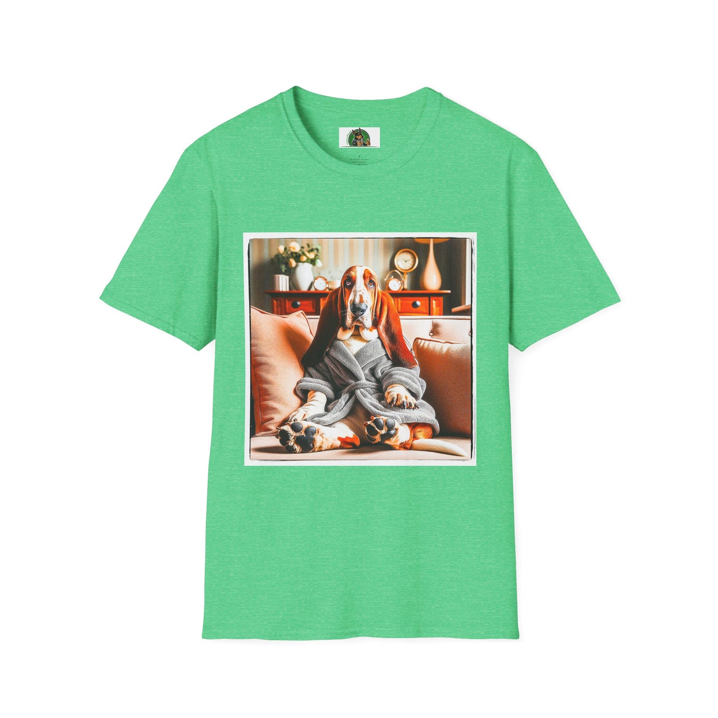 Basset Hound In Bath Robe Sitting On Couch T-Shirt Printify S Heather Irish Green