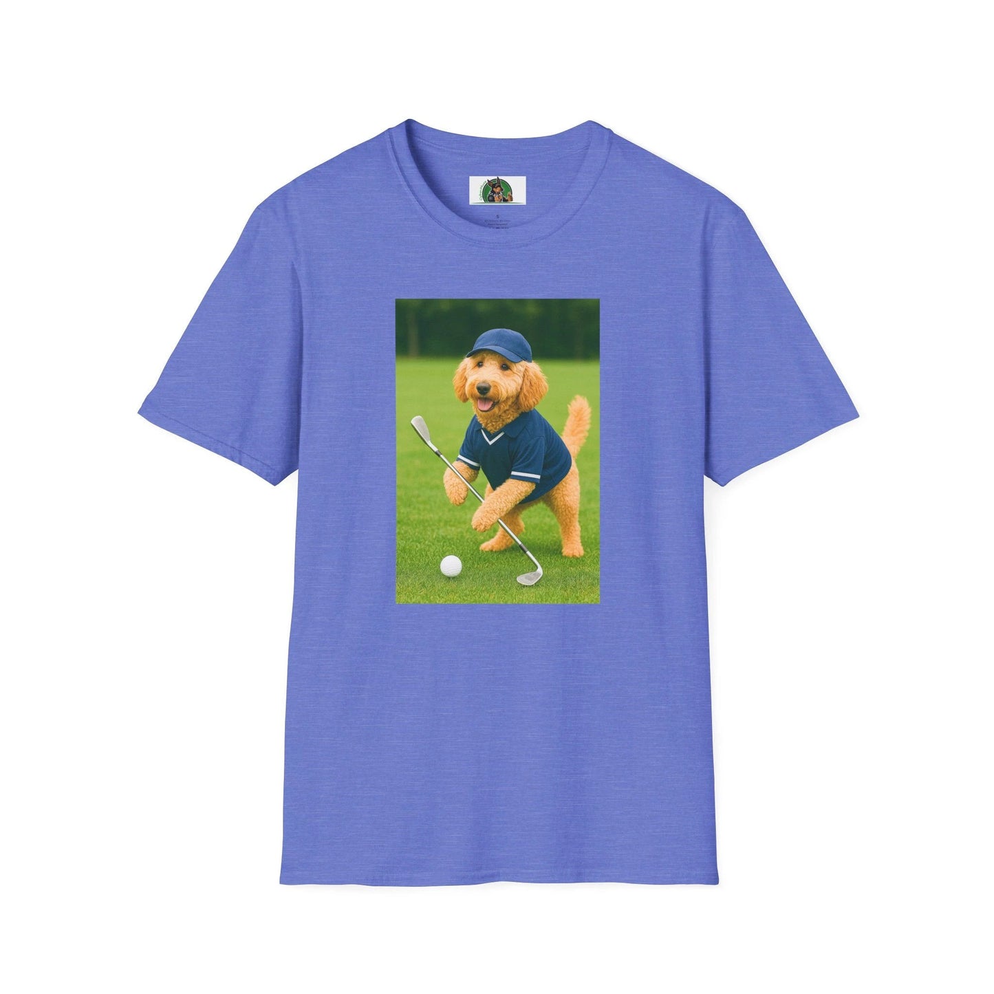 Golden Doodle Playing Golf T-Shirt — Sports Dog Golfing Tee T-Shirt Printify Heather Royal S