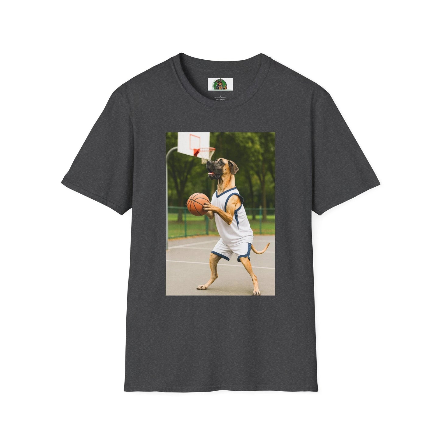 Great Dane Playing Basketball T-Shirt — Sports Dog Tee T-Shirt Printify Dark Heather S