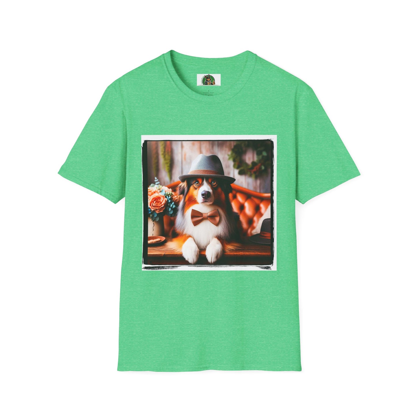 Australian Shepherd With Fedora Hat T-Shirt Printify S Heather Irish Green