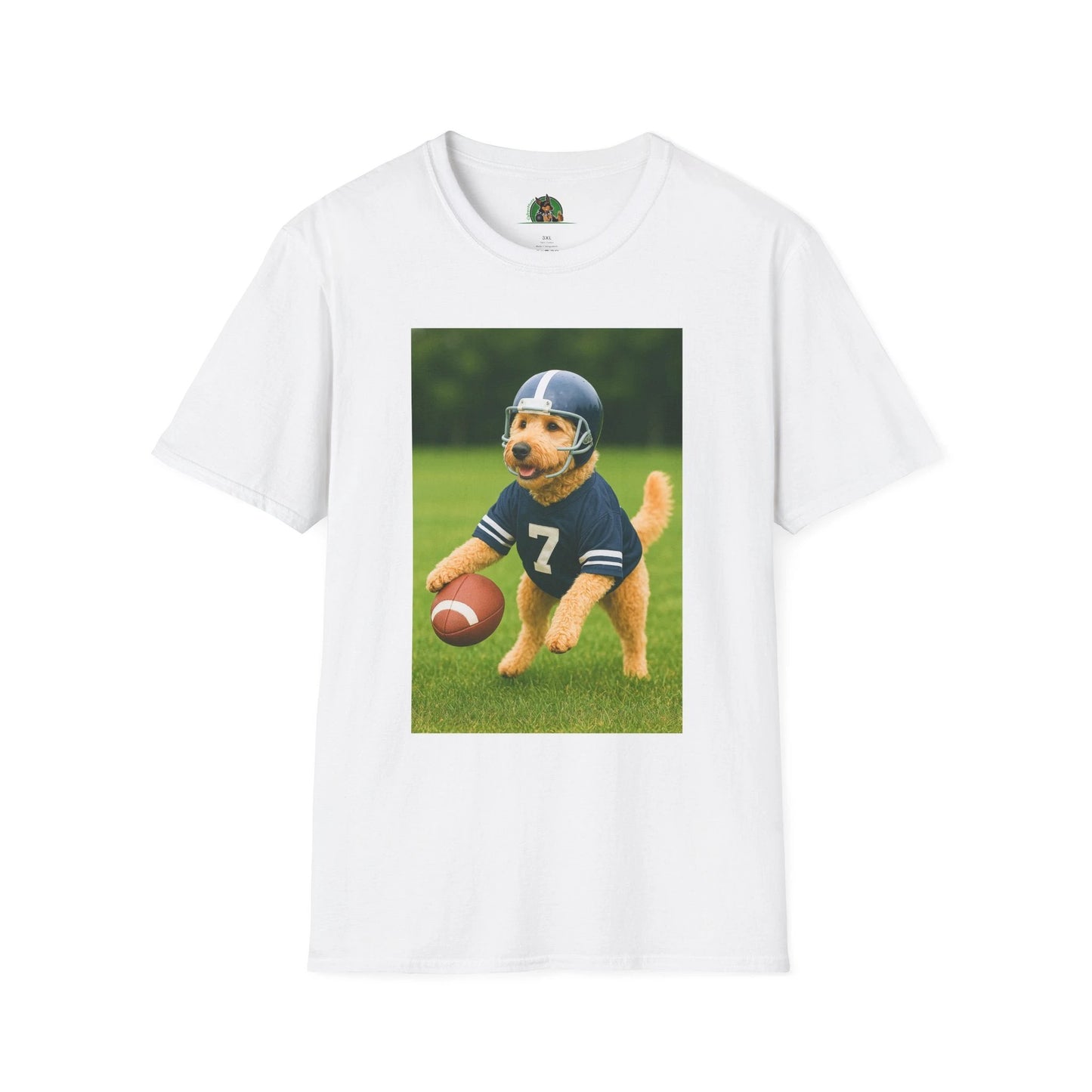 Golden Doodle Playing Football T-Shirt — Sports Dog Lover Tee T-Shirt Printify White S