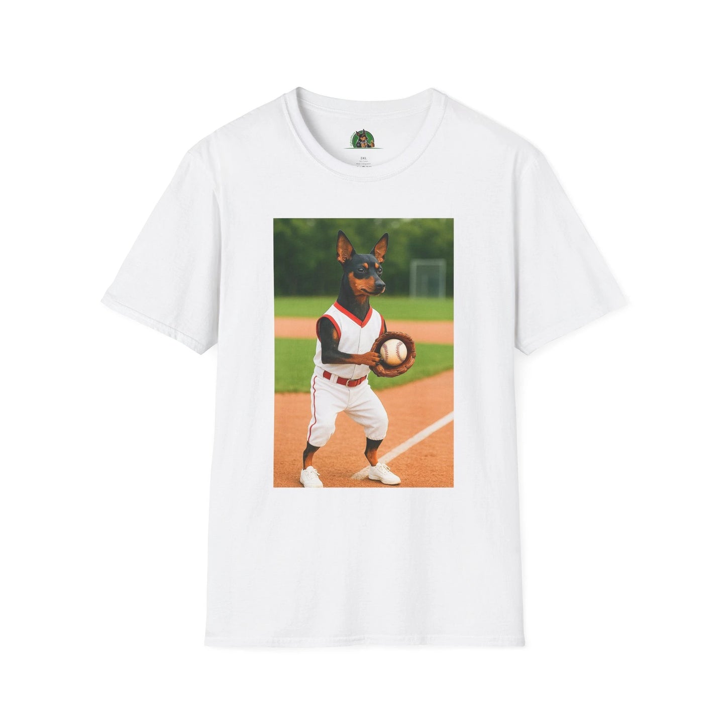 Min Pin Baseball Tee — Miniature Pinscher Dog Lover Sports T-Shirt T-Shirt Printify White S