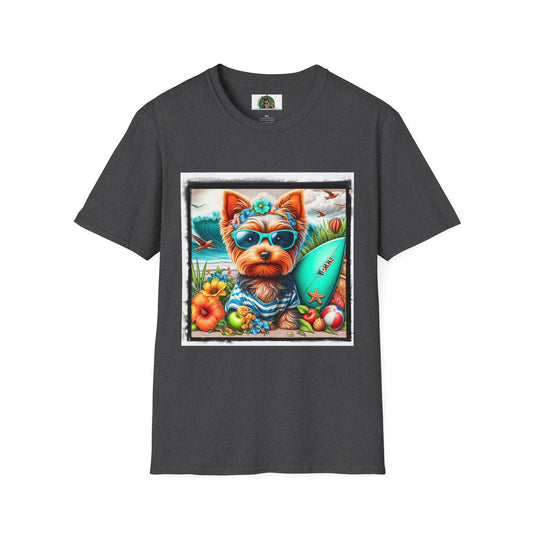 Yorkie girl surfer T-Shirt Printify XS Dark Heather