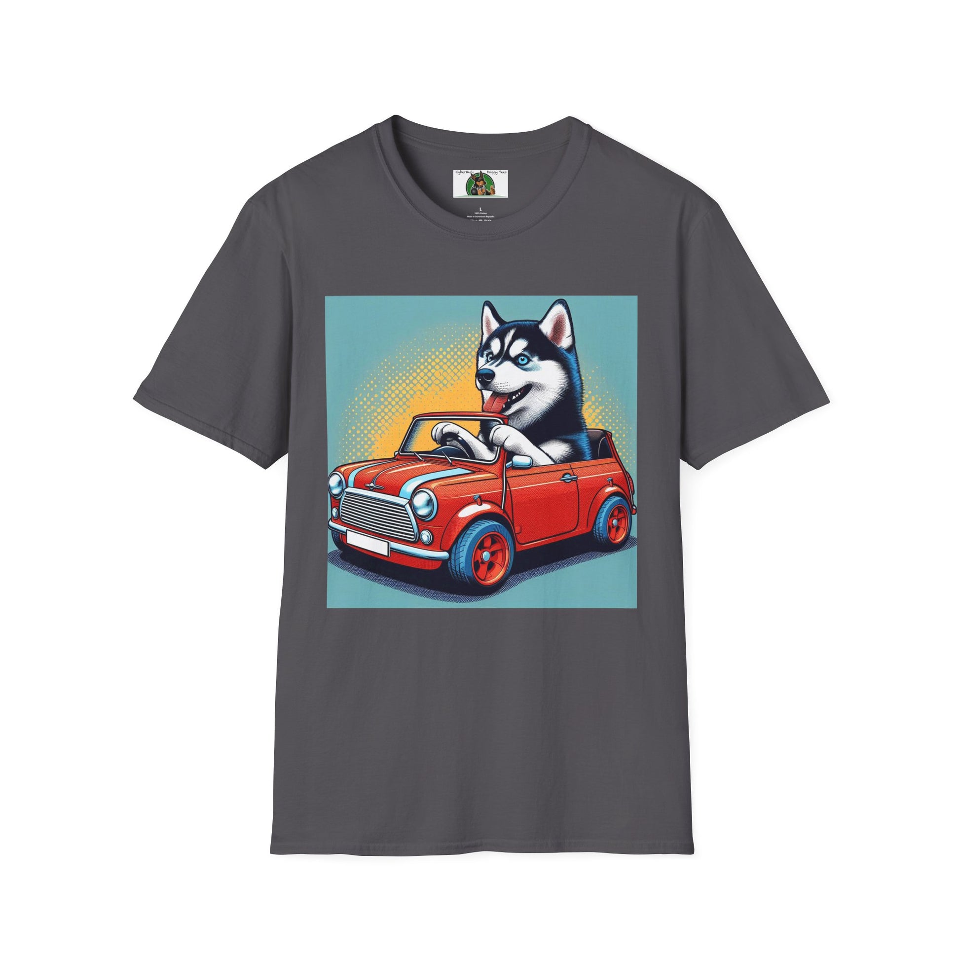 Husky in a Wacky Little Car T-Shirt Printify Charcoal S 