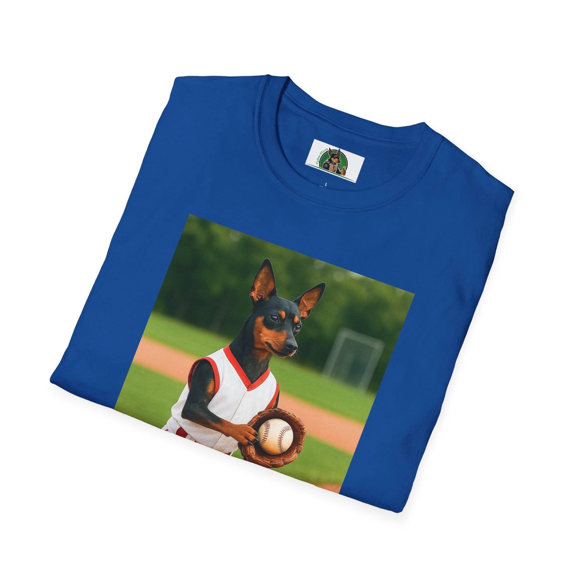 Min Pin Baseball Tee — Miniature Pinscher Dog Lover Sports T-Shirt T-Shirt Printify