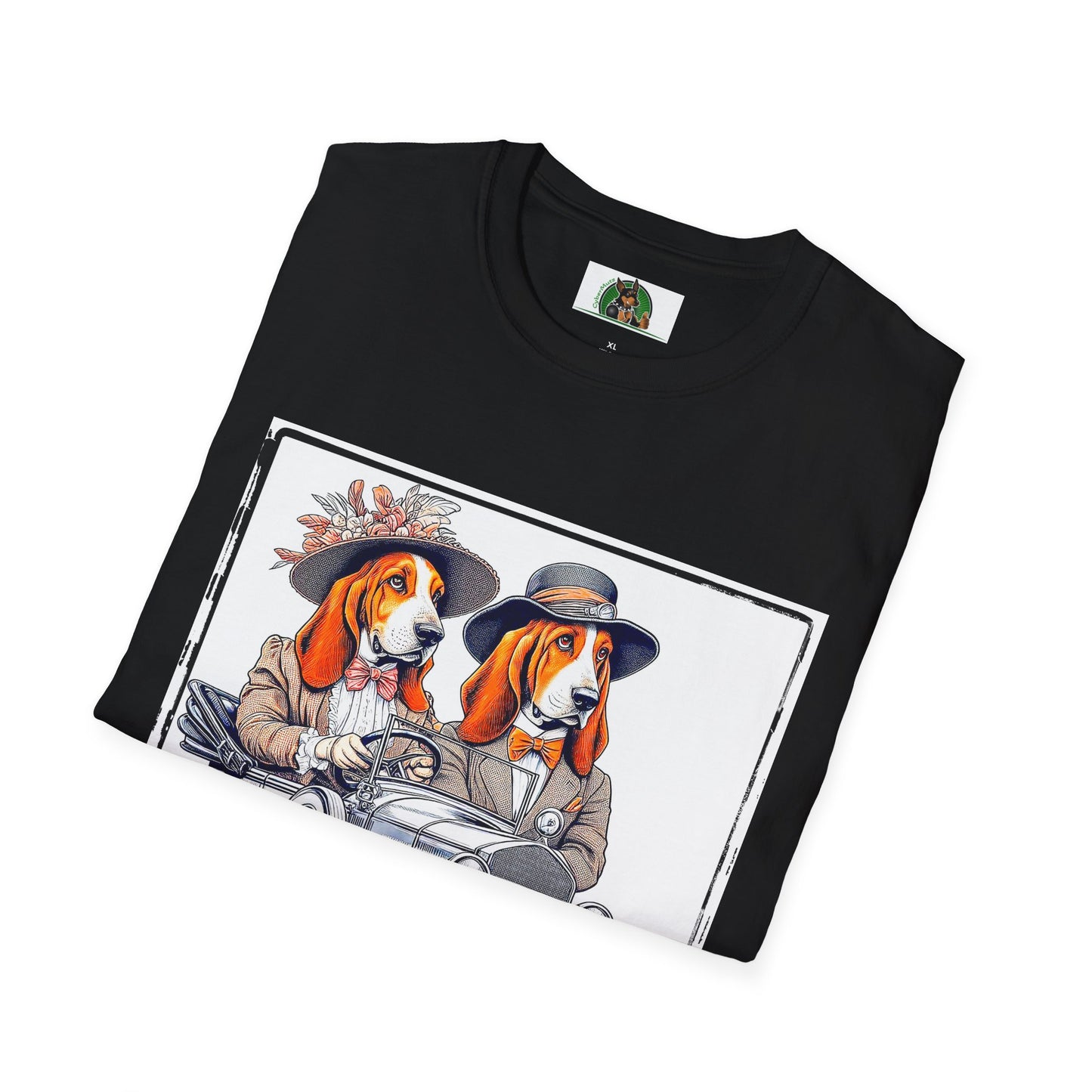 Wacky Basset Hound Couple Riding In Old Car T-Shirt Printify