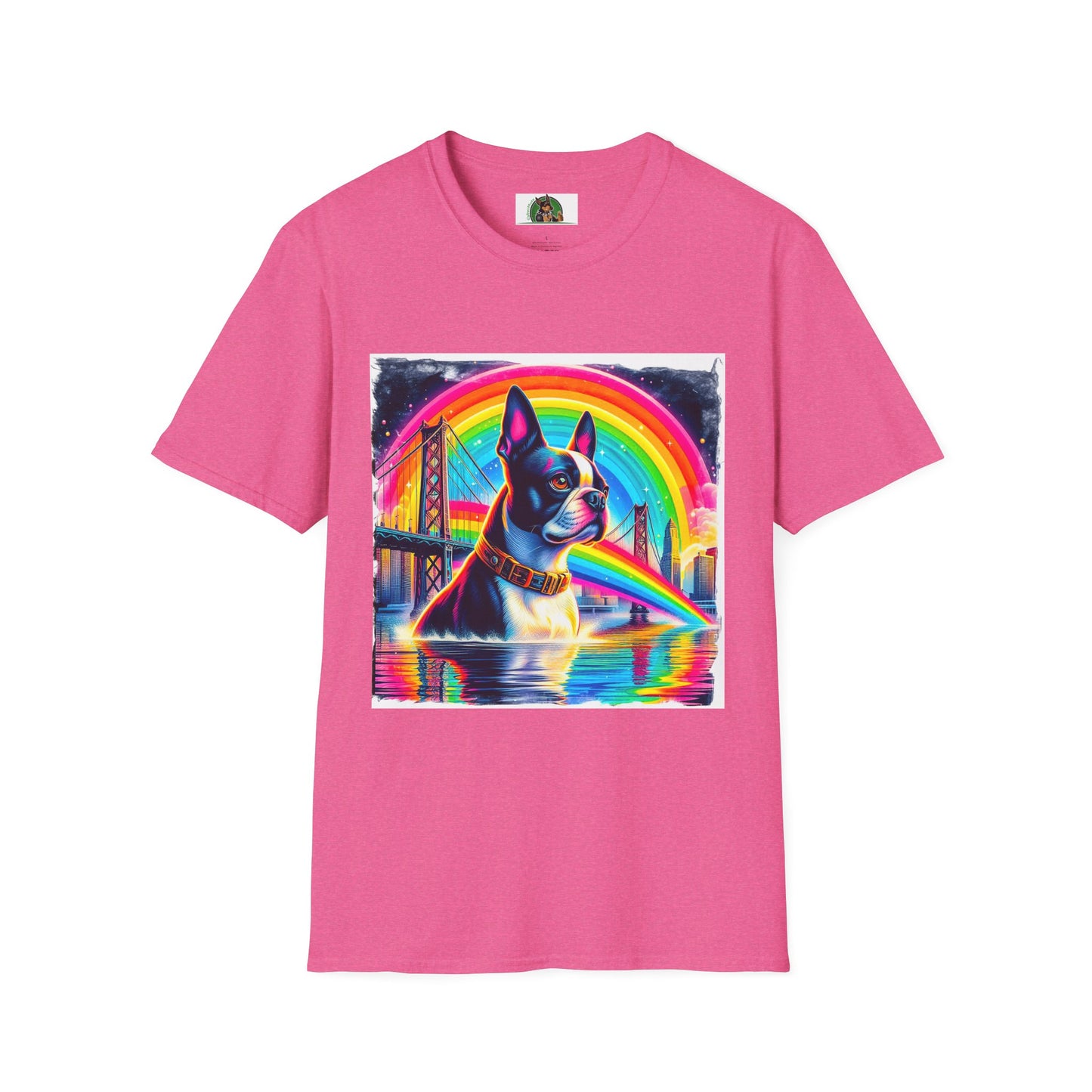 Boston Terrier Rainbow Bridge Dog At Beach T-Shirt Printify S Heather Heliconia 