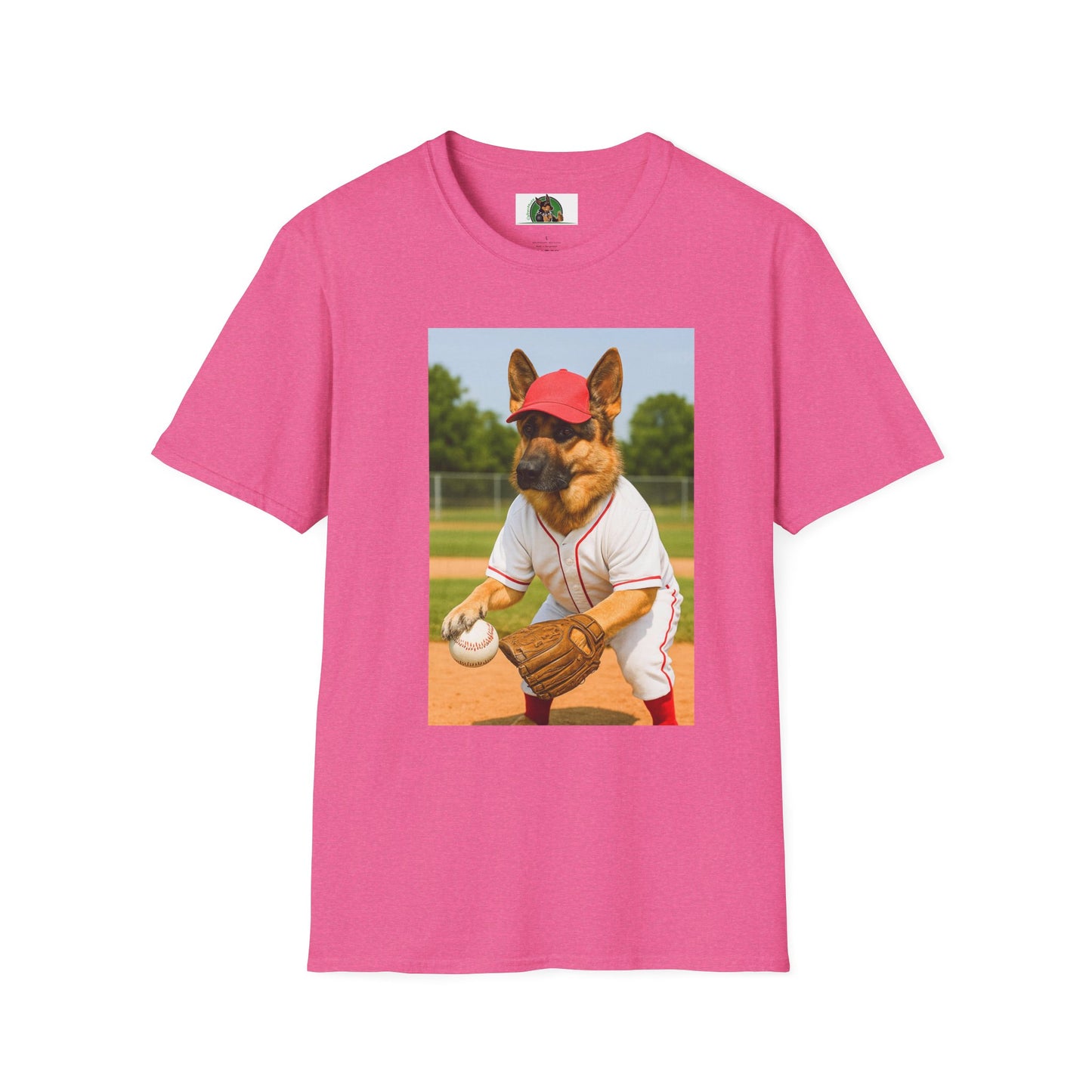 German Shepherd Playing Baseball T-Shirt — Sports Dog Tee T-Shirt Printify Heather Heliconia S