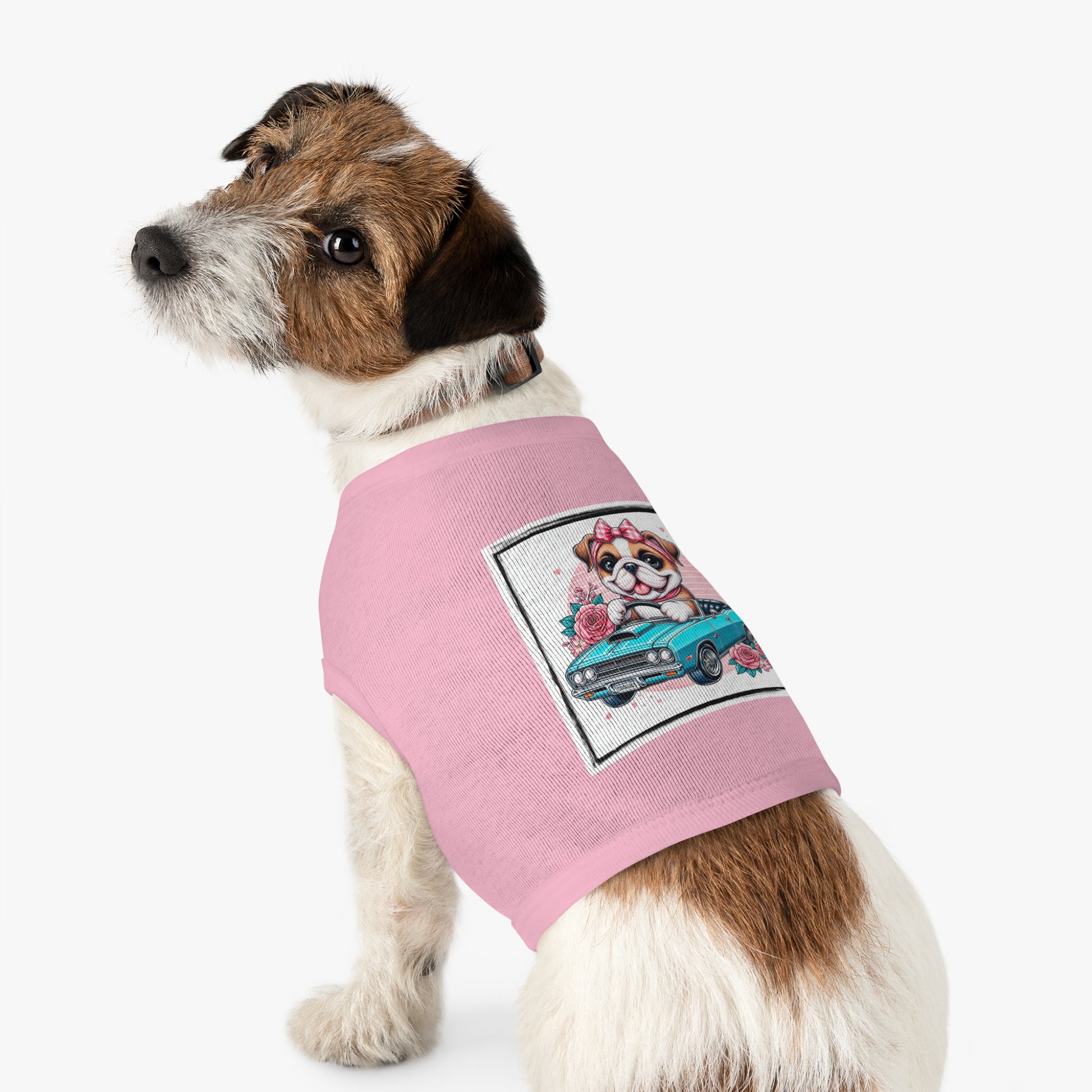Wacky Pet Tank Top Bulldog tiny blue car t shirt Pets Printify