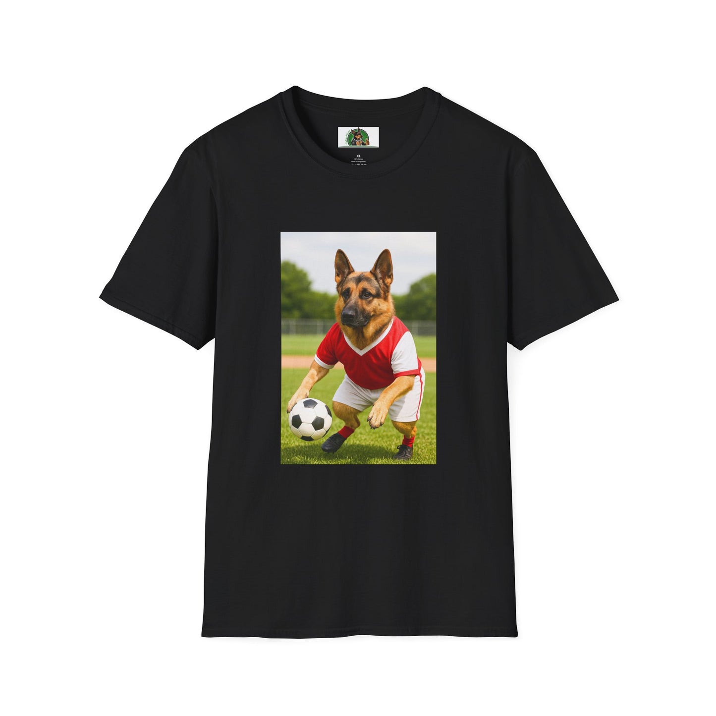German Shepherd Soccer T-Shirt — Sports Dog Playing Soccer T-Shirt Printify Black XS